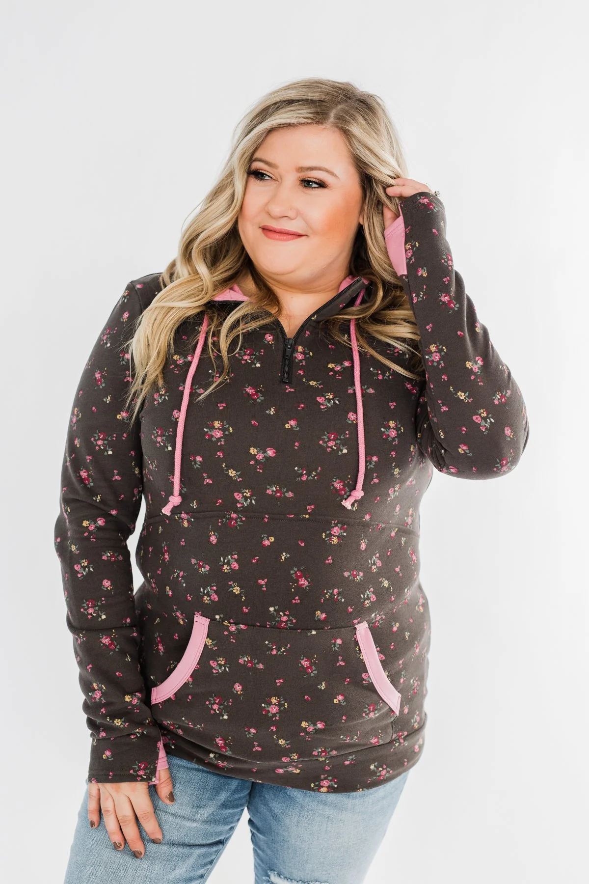 Walk In The Park Floral Drawstring Hoodie- Dusty Charcoal - Image 14