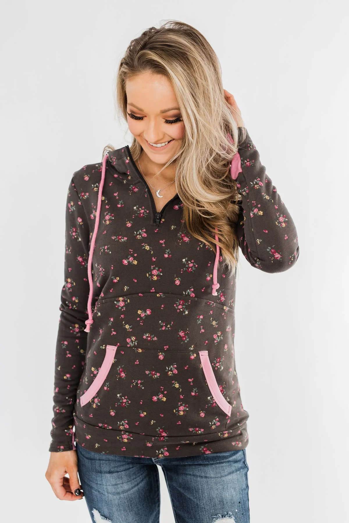 Walk In The Park Floral Drawstring Hoodie- Dusty Charcoal - Image 15