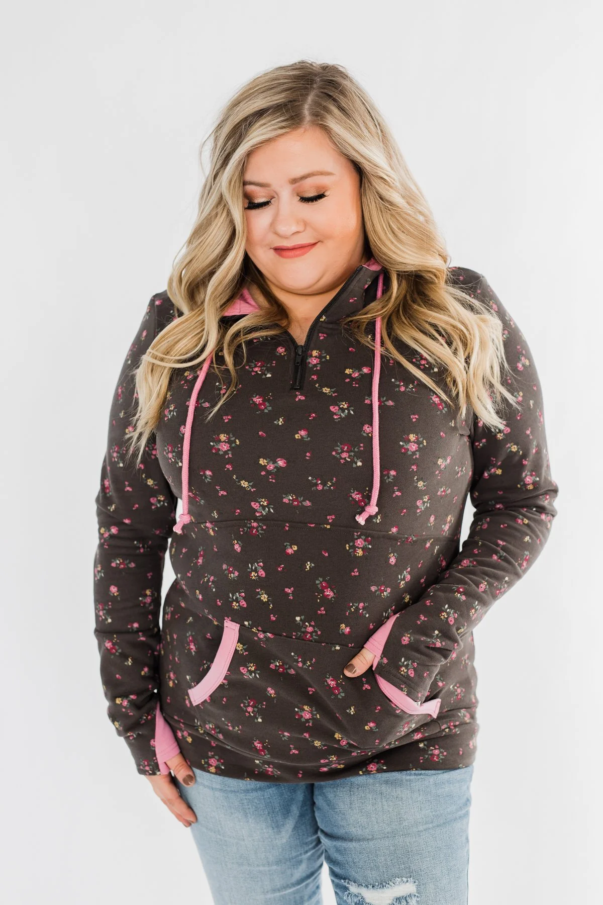 Walk In The Park Floral Drawstring Hoodie- Dusty Charcoal - Image 16