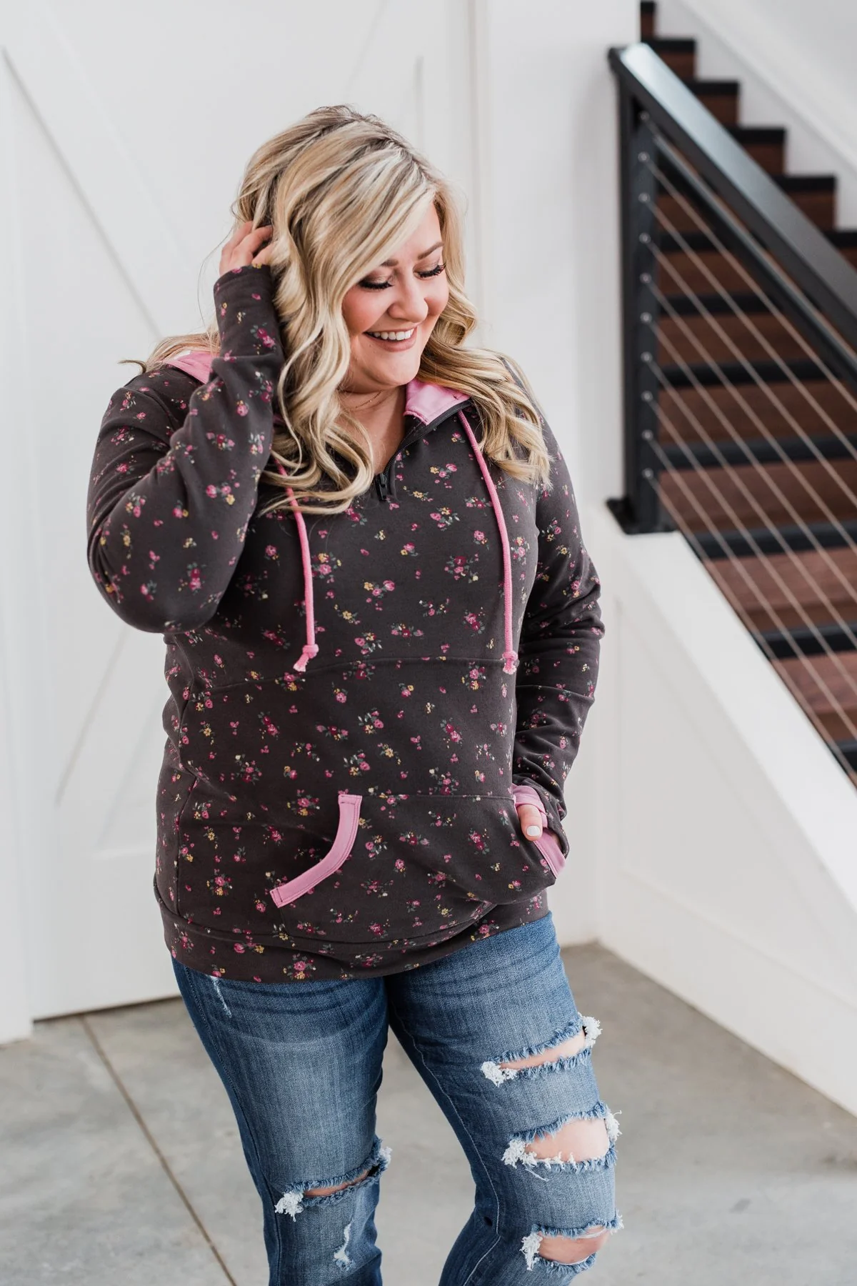 Walk In The Park Floral Drawstring Hoodie- Dusty Charcoal - Image 2