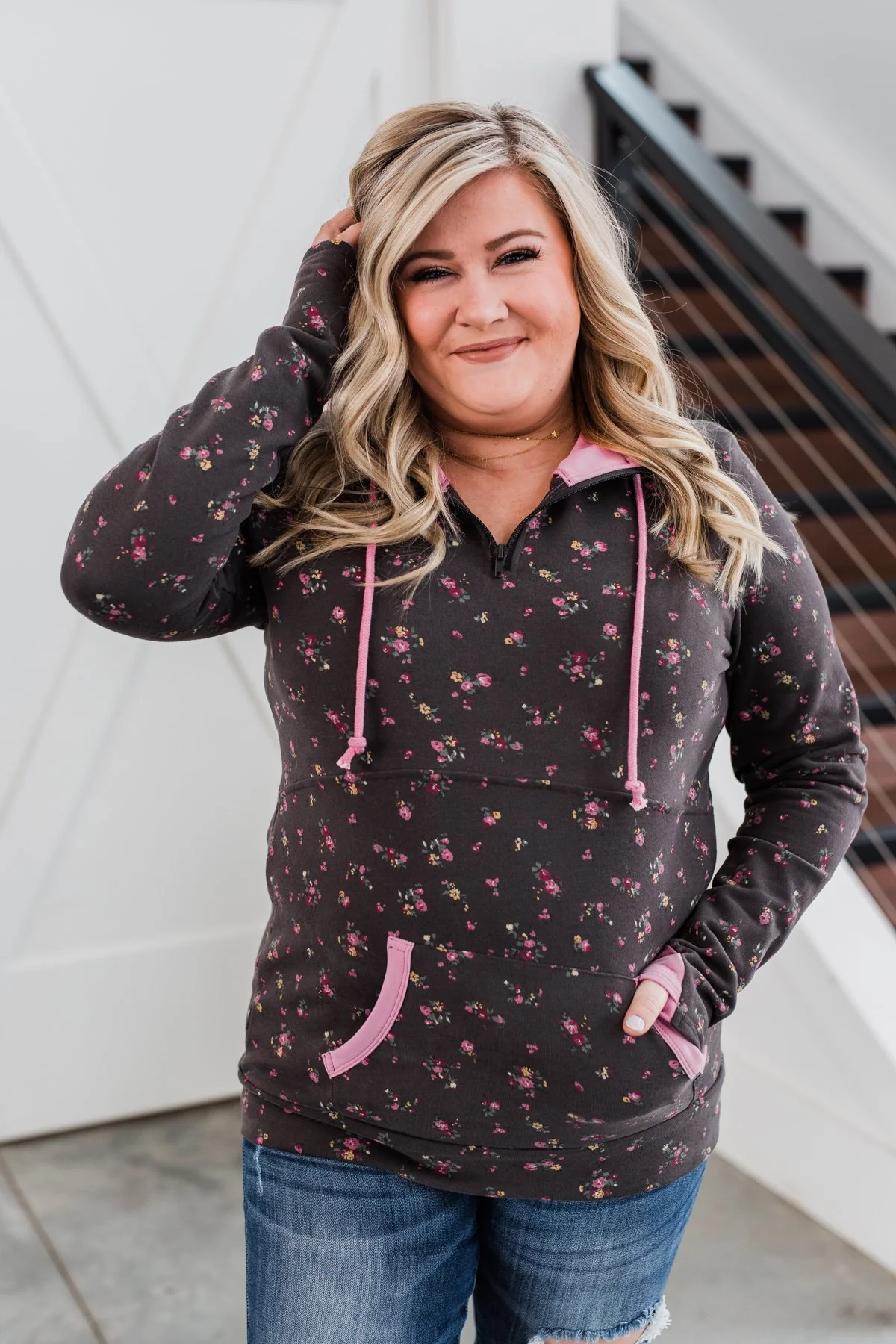 Walk In The Park Floral Drawstring Hoodie- Dusty Charcoal - Image 3