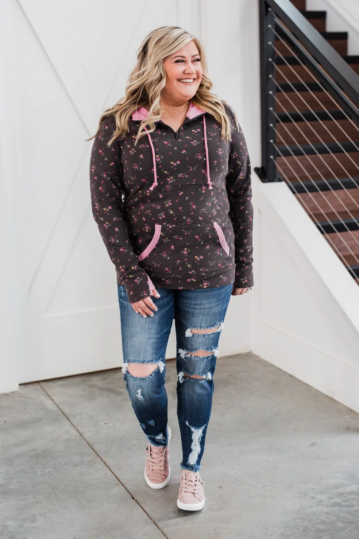 Walk In The Park Floral Drawstring Hoodie- Dusty Charcoal - Image 6