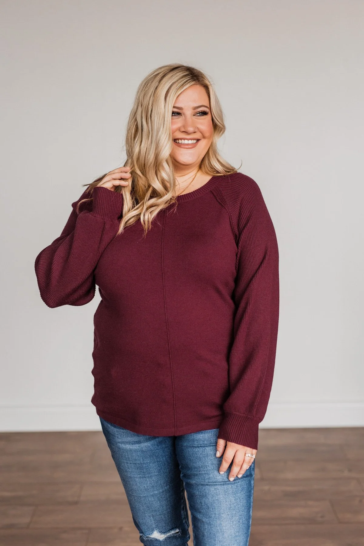 Walk In The Woods Balloon Sleeve Sweater- Wine - Image 2