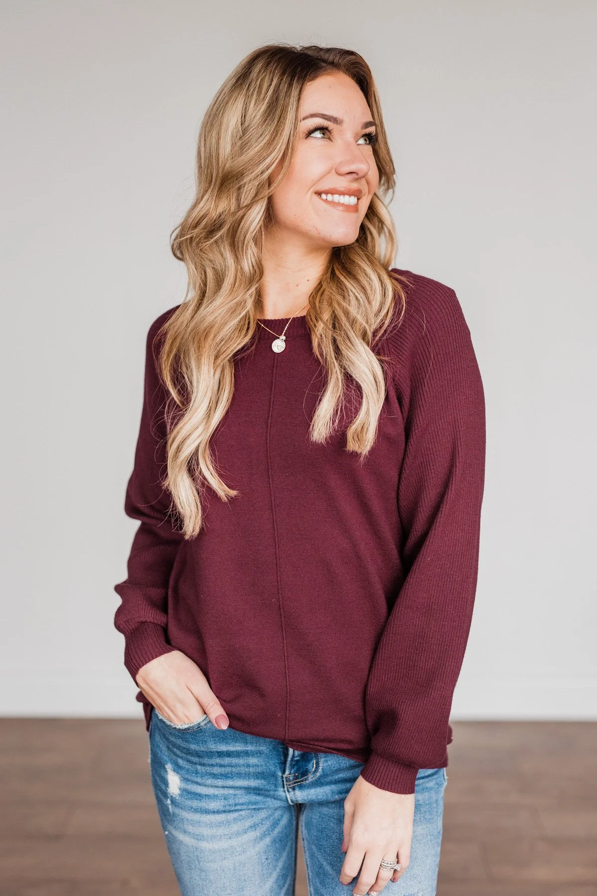 Walk In The Woods Balloon Sleeve Sweater- Wine - Image 4