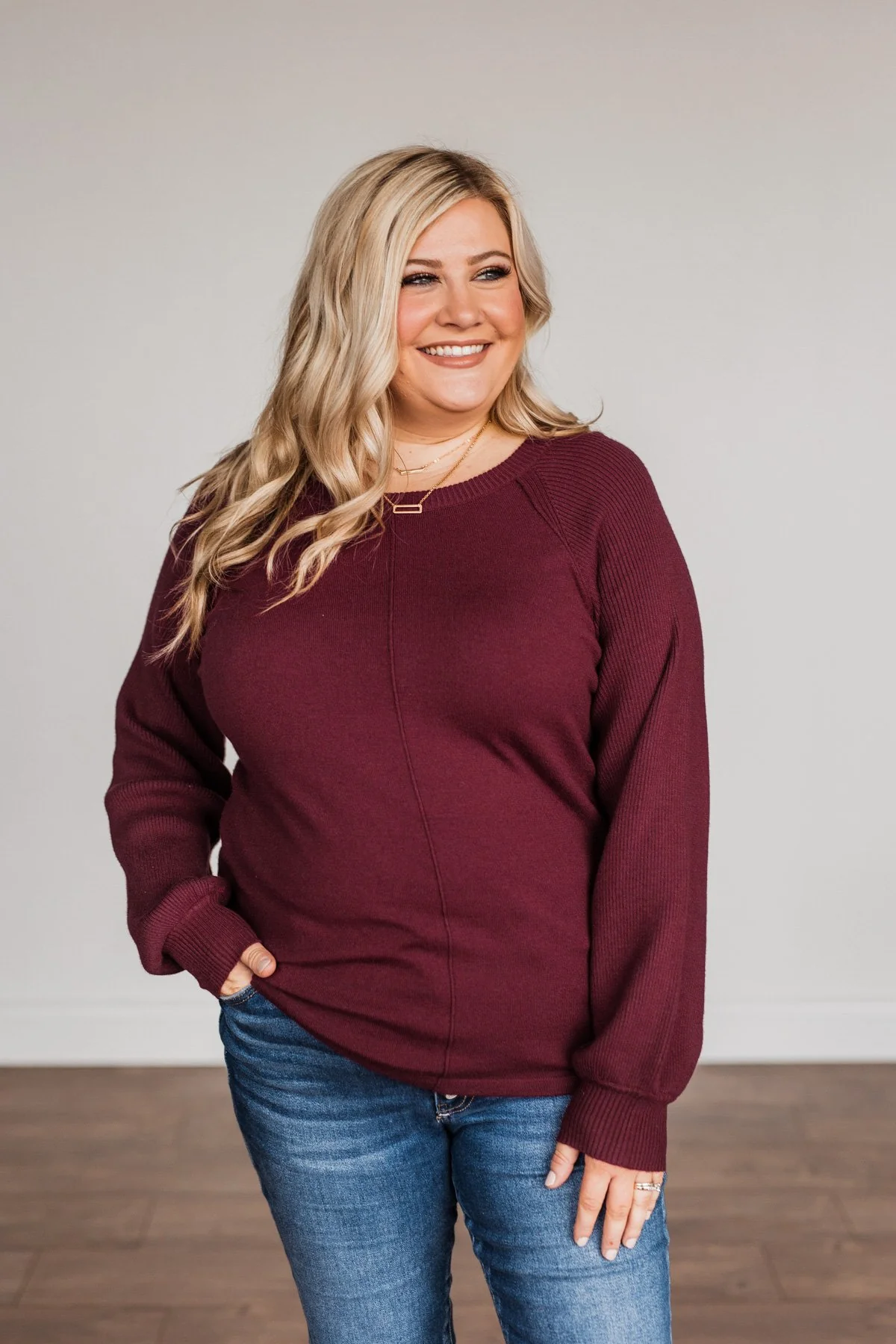 Walk In The Woods Balloon Sleeve Sweater- Wine - Image 5