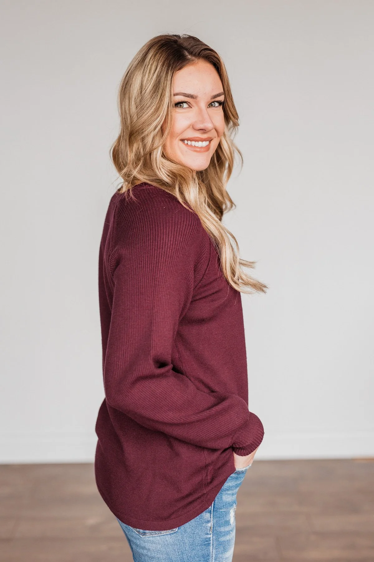 Walk In The Woods Balloon Sleeve Sweater- Wine - Image 7