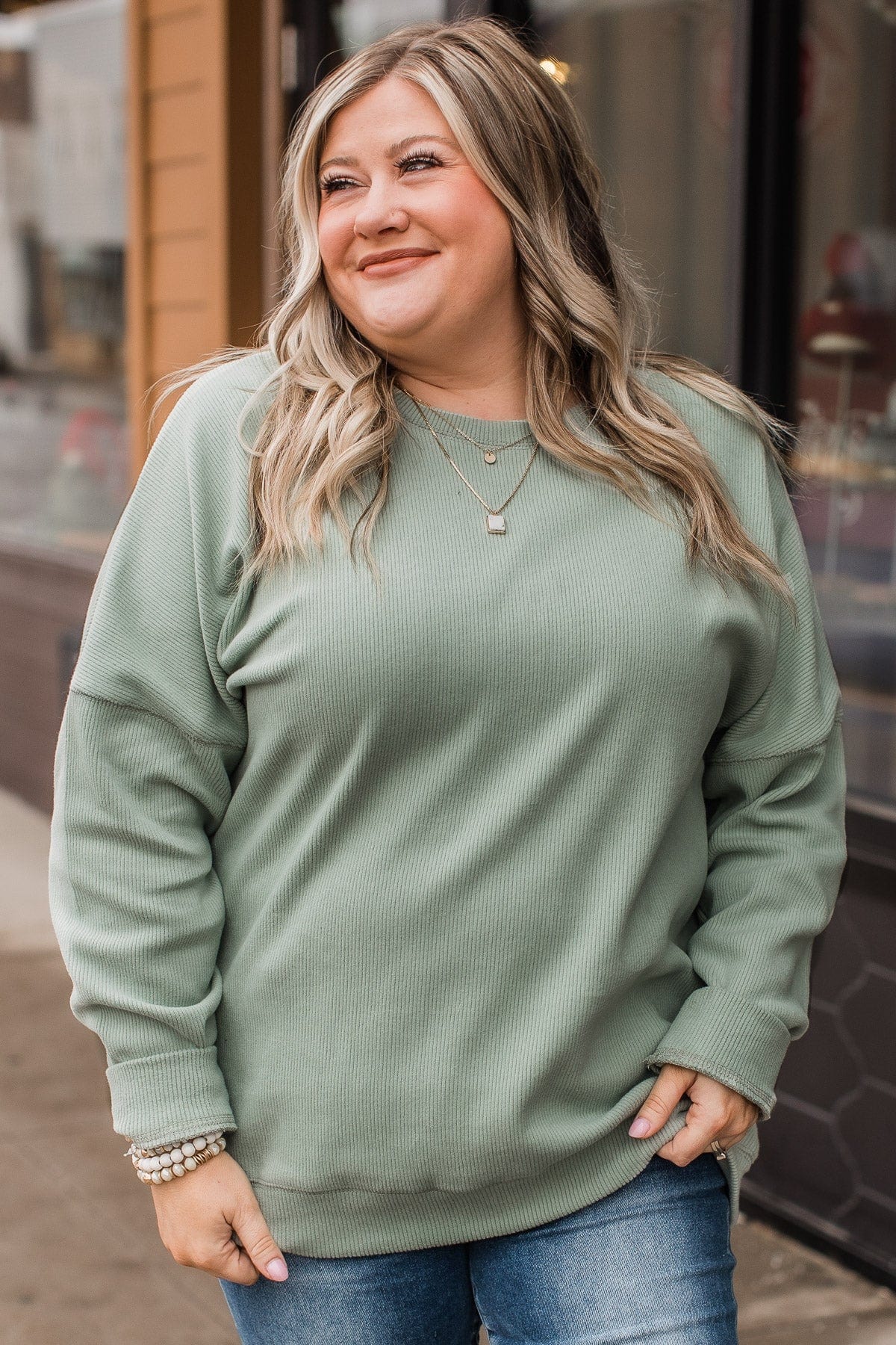 Walk My Way Corduroy Knit Crew Neck- Sage - Image 4