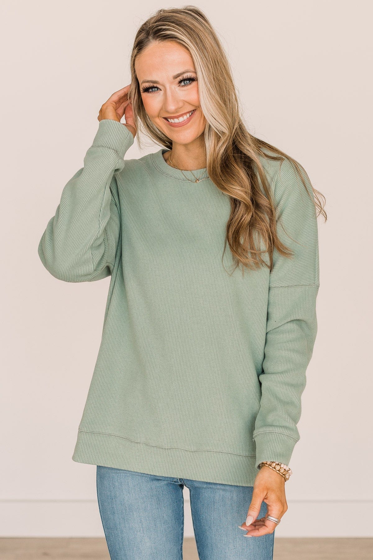 Walk My Way Corduroy Knit Crew Neck- Sage - Image 7