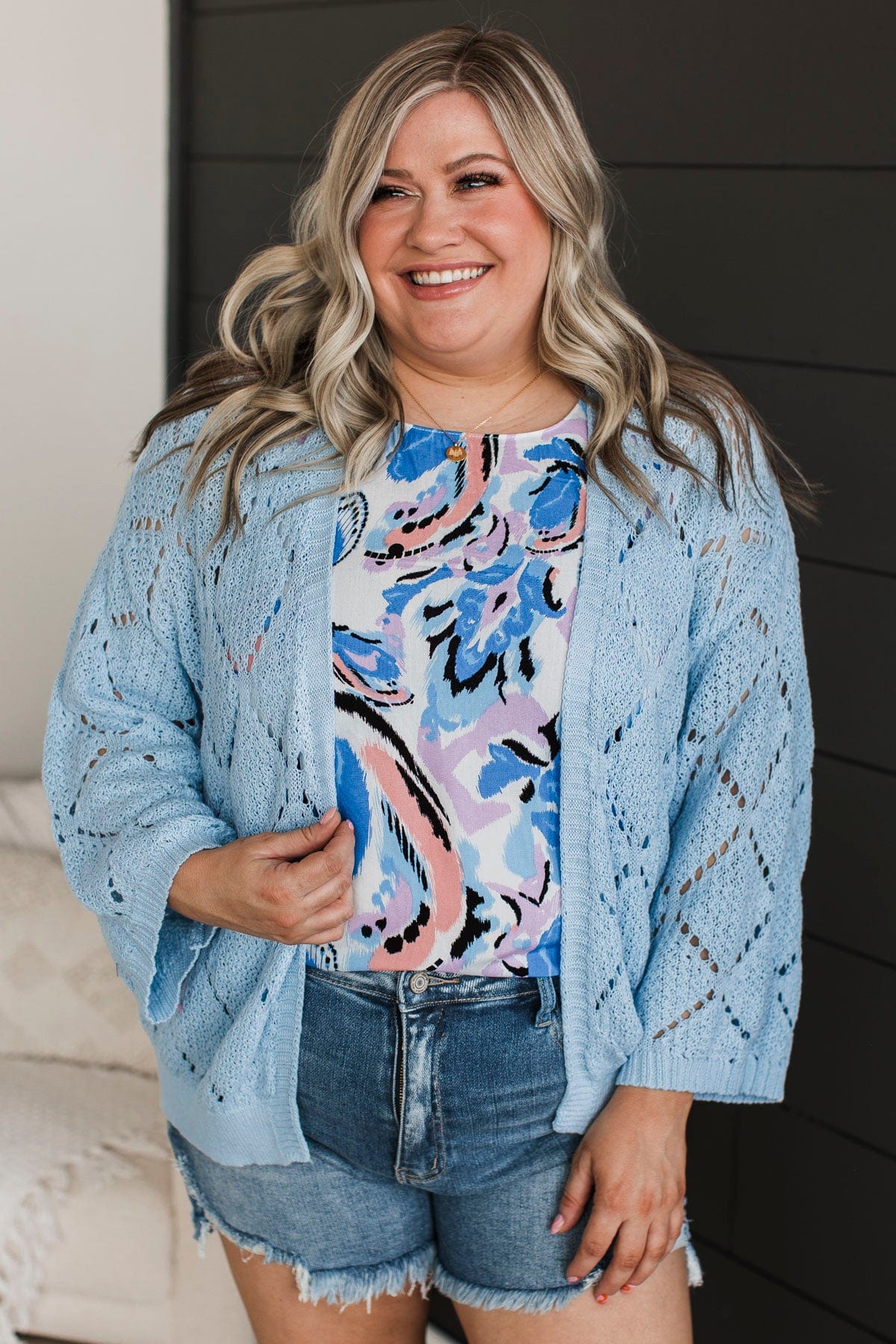 Walk Of Life Open Knit Cardigan- Light Blue - Image 3