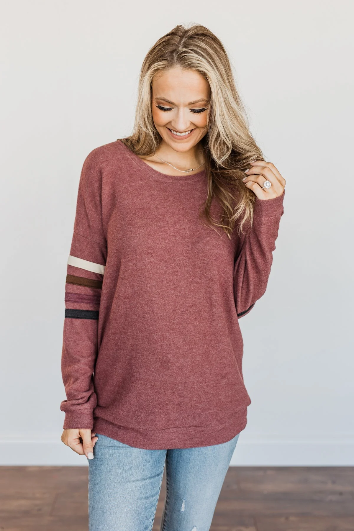 Walking Into Autumn Varsity Stripe Top- Dusty Maroon - Image 2