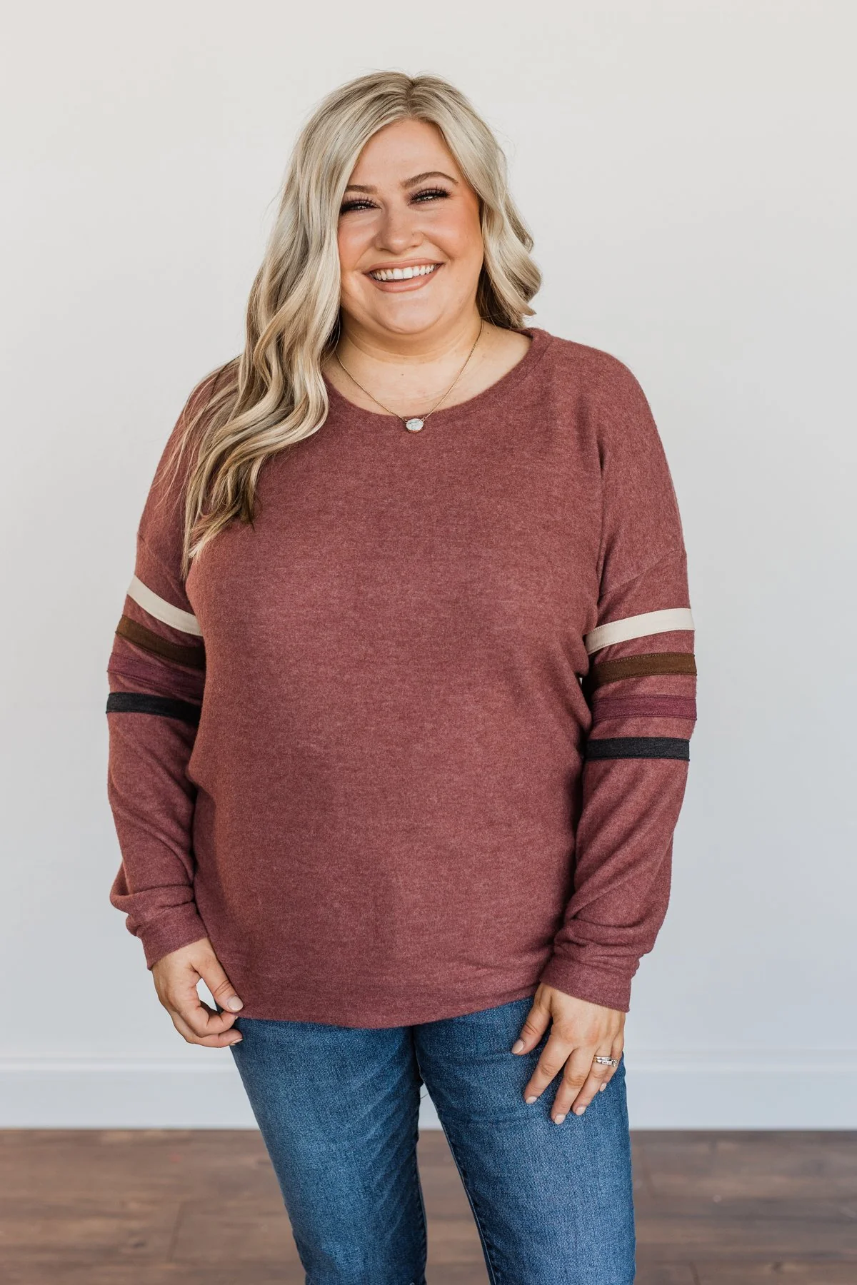 Walking Into Autumn Varsity Stripe Top- Dusty Maroon - Image 4