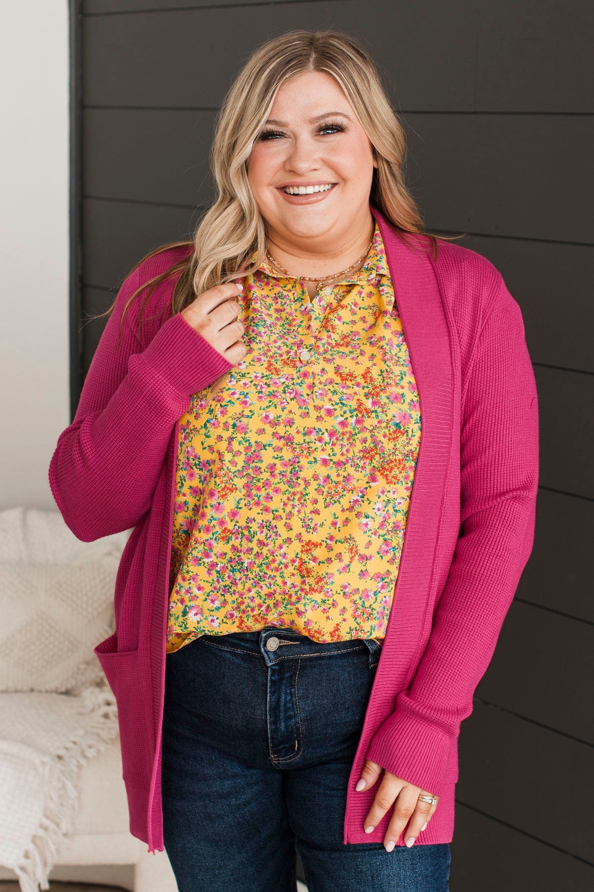 Walking On Clouds Knit Cardigan- Hot Pink - Image 3