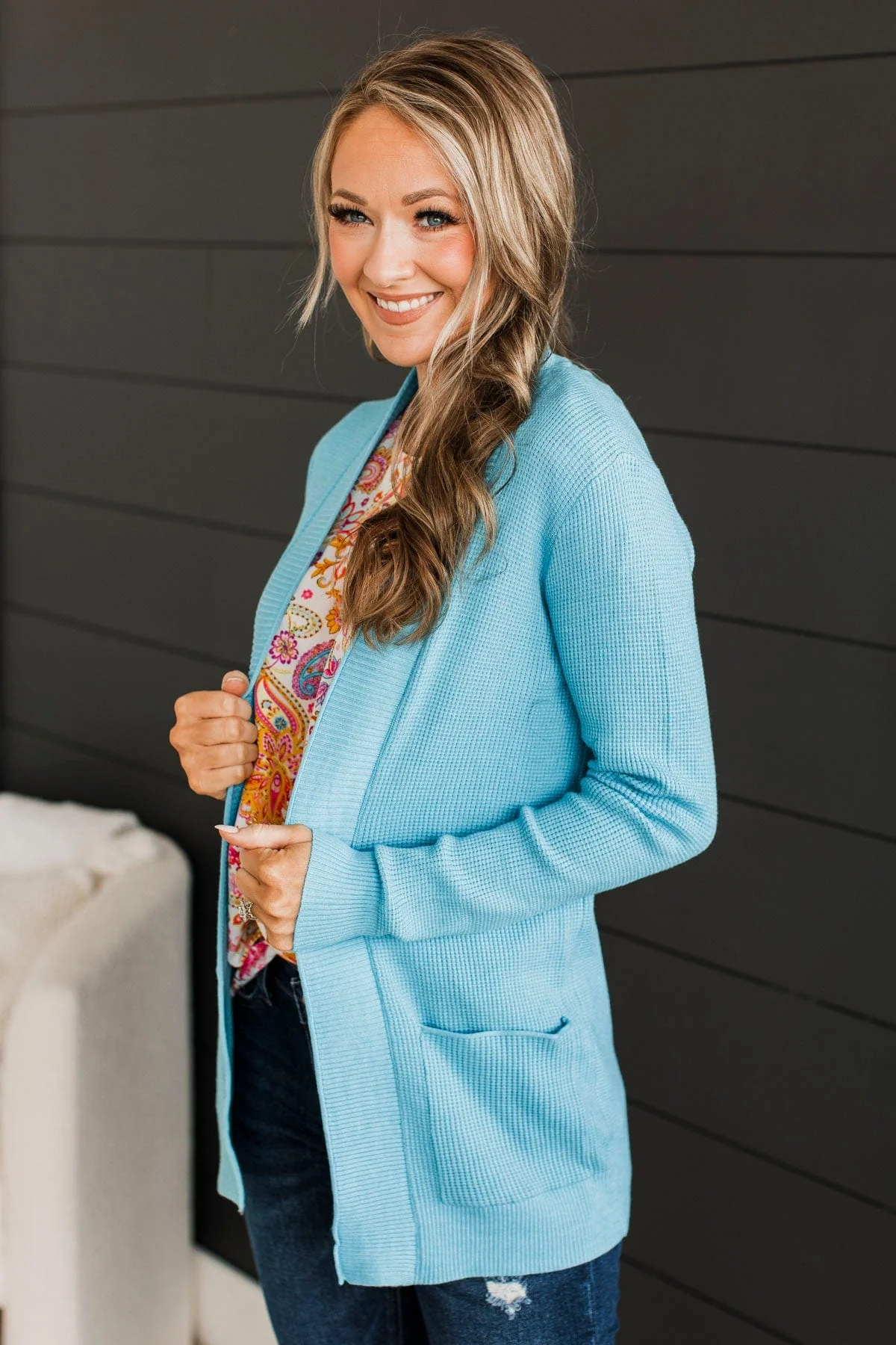 Walking On Clouds Knit Cardigan- Sky Blue - Image 3