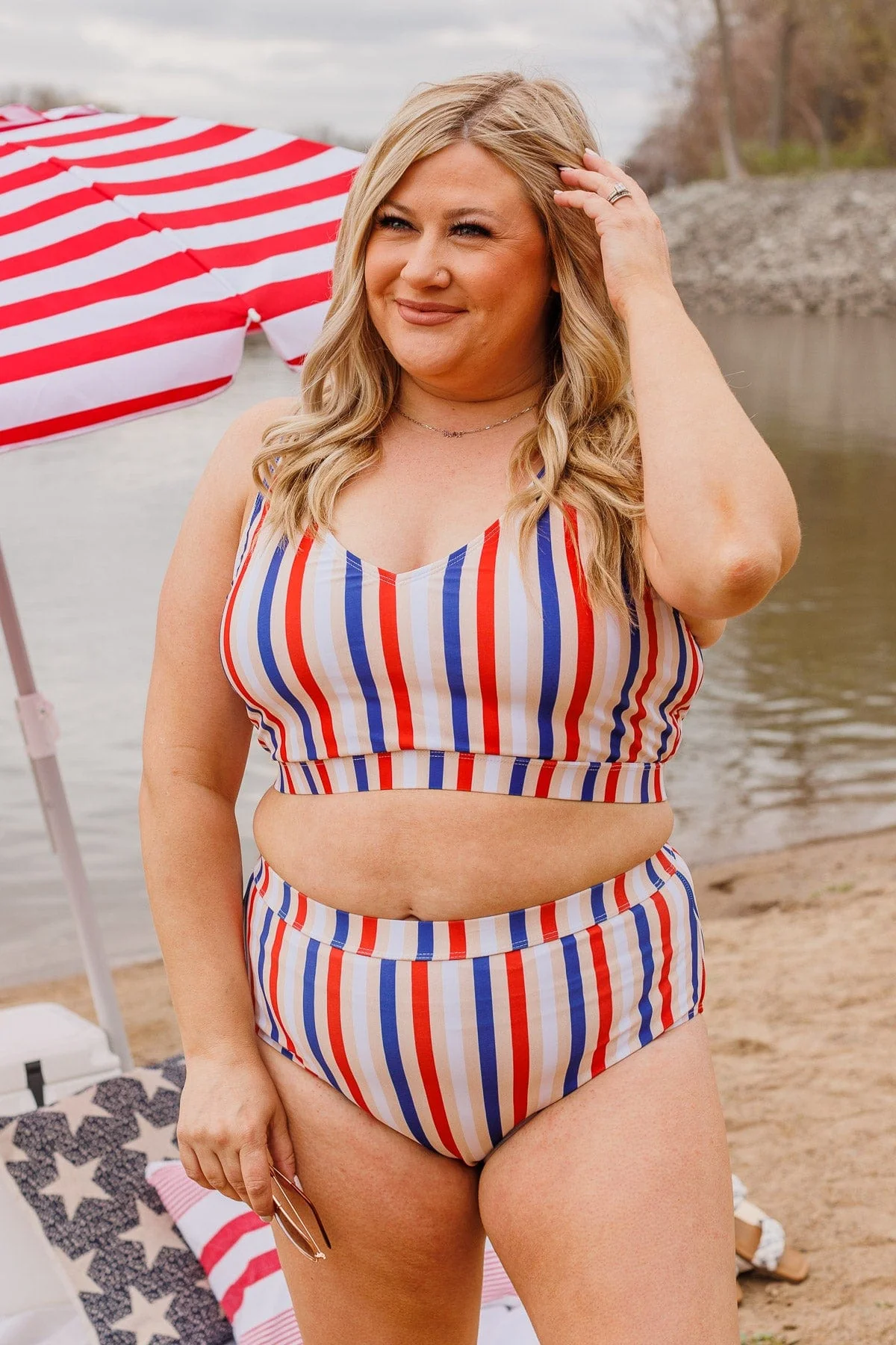 Walking On Sunshine Swim Top- Red, White, & Blue Stripe - Image 4
