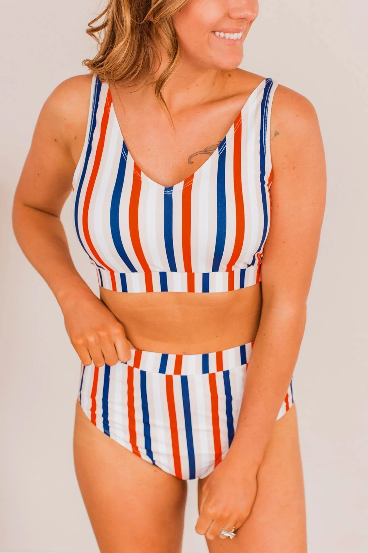 Walking On Sunshine Swim Top- Red, White, & Blue Stripe - Image 6
