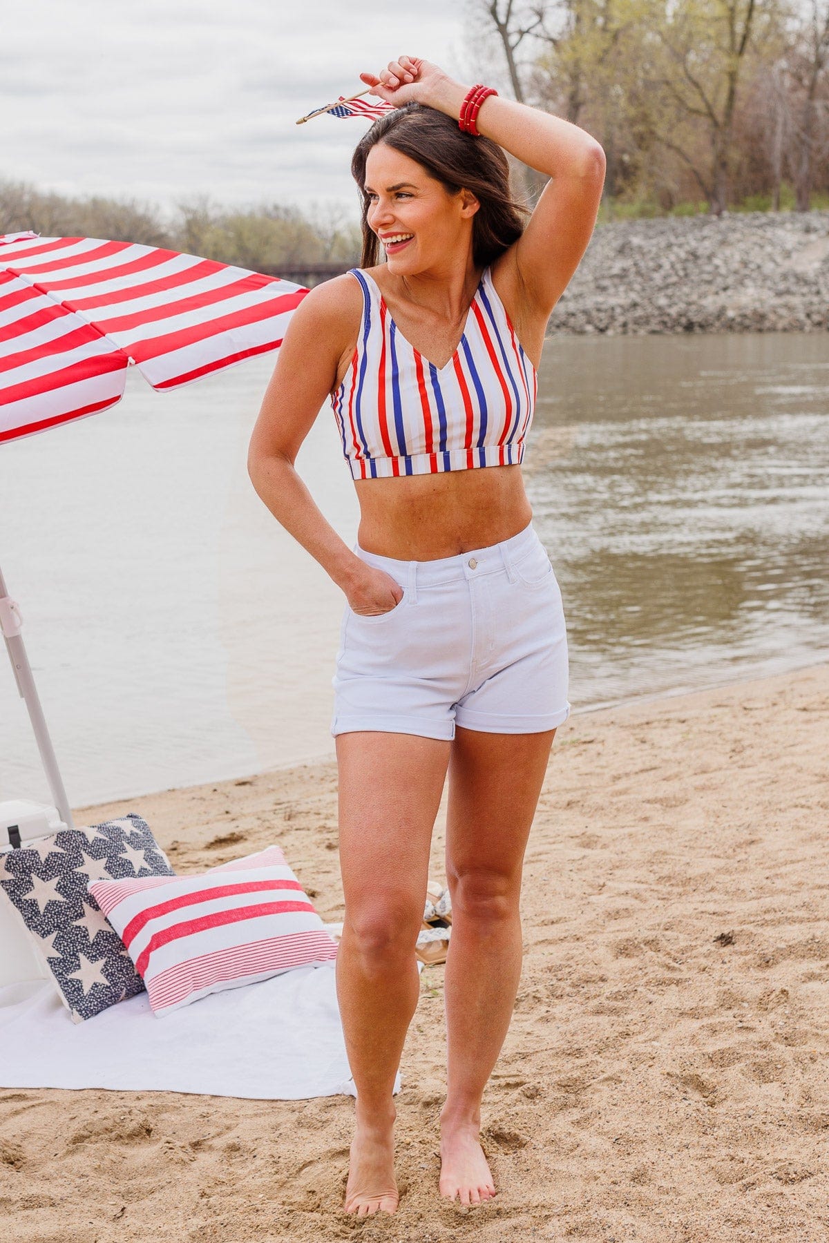 Walking On Sunshine Swim Top- Red, White, & Blue Stripe - Image 7