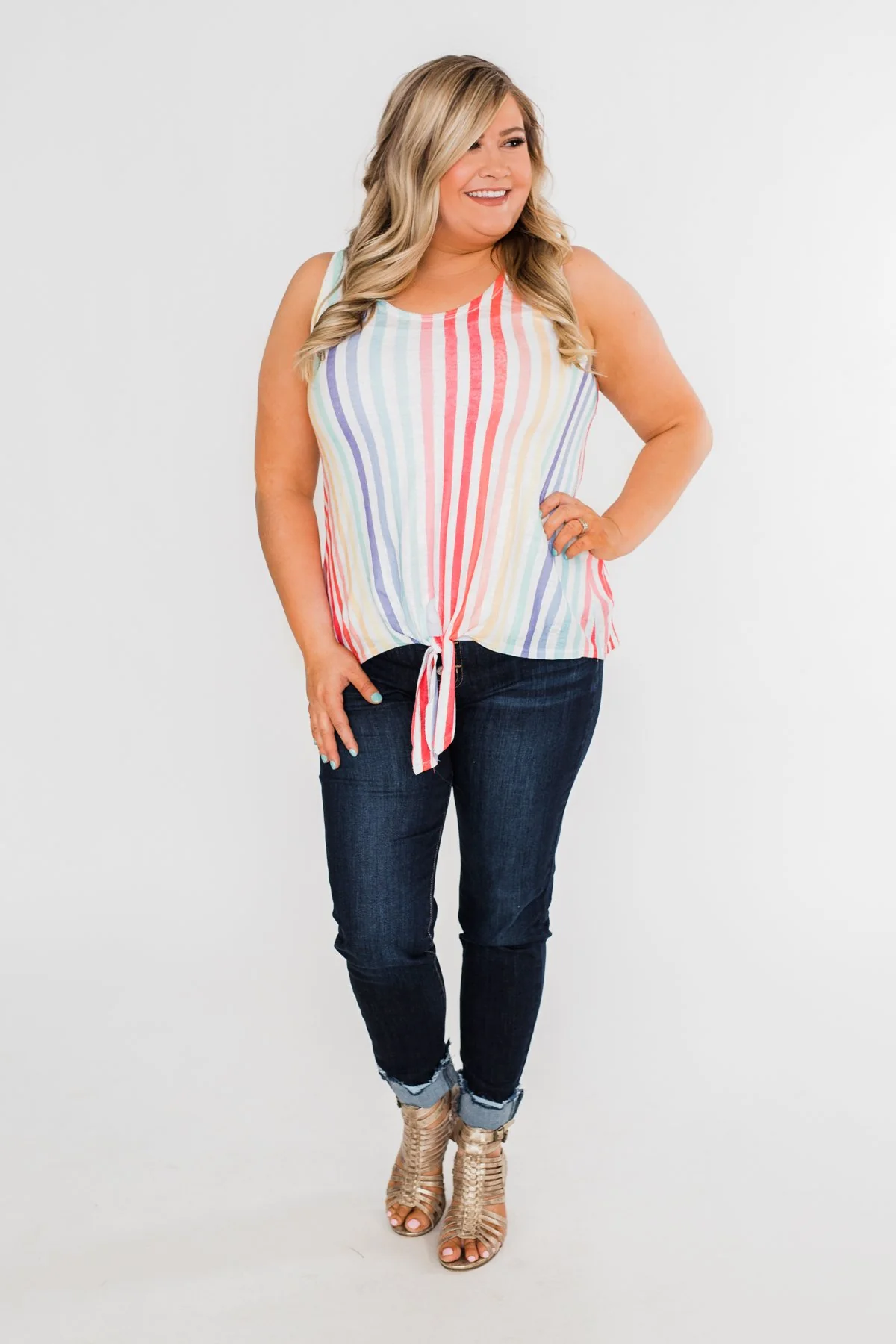 Walking On Sunshine Tie Tank Top- Rainbow - Image 3