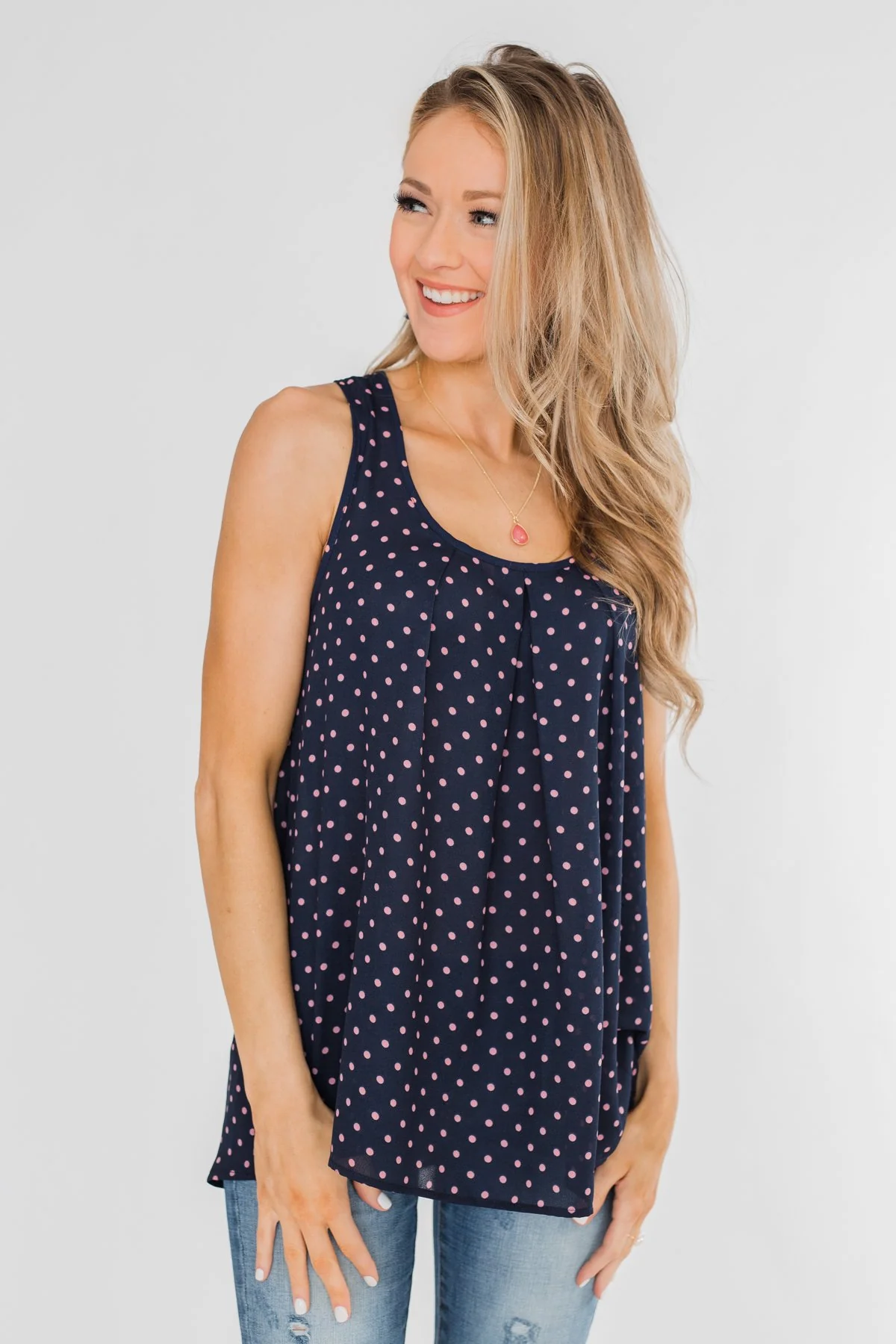 Wander Through Polka-Dot Bow Back Tank Top- Navy - Image 10