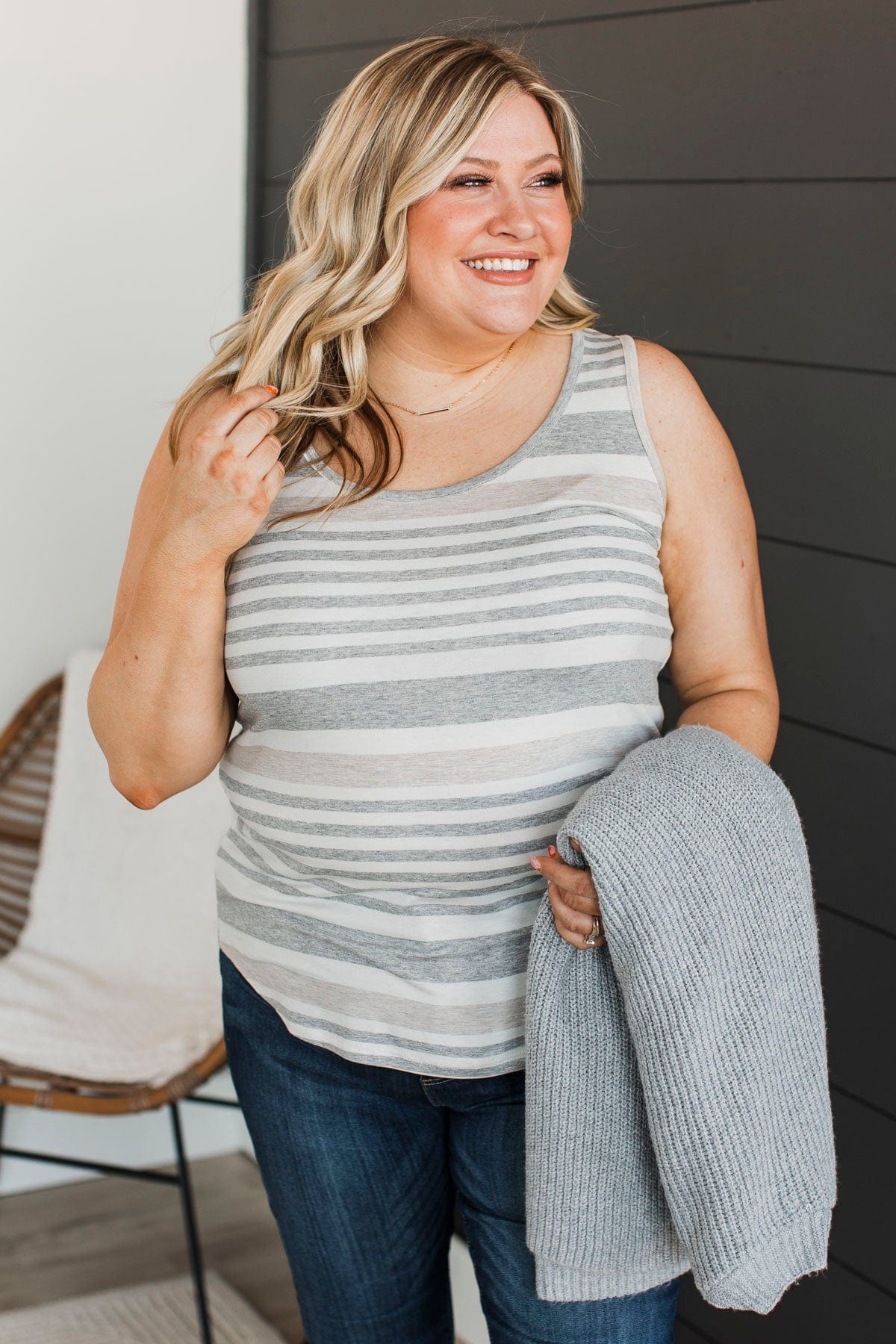 Want You With Me Striped Tank- Heather Grey - Image 3