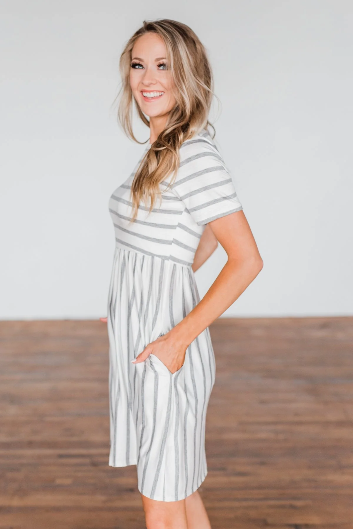 Wanted You To Know Striped Dress- Ivory & Grey - Image 4