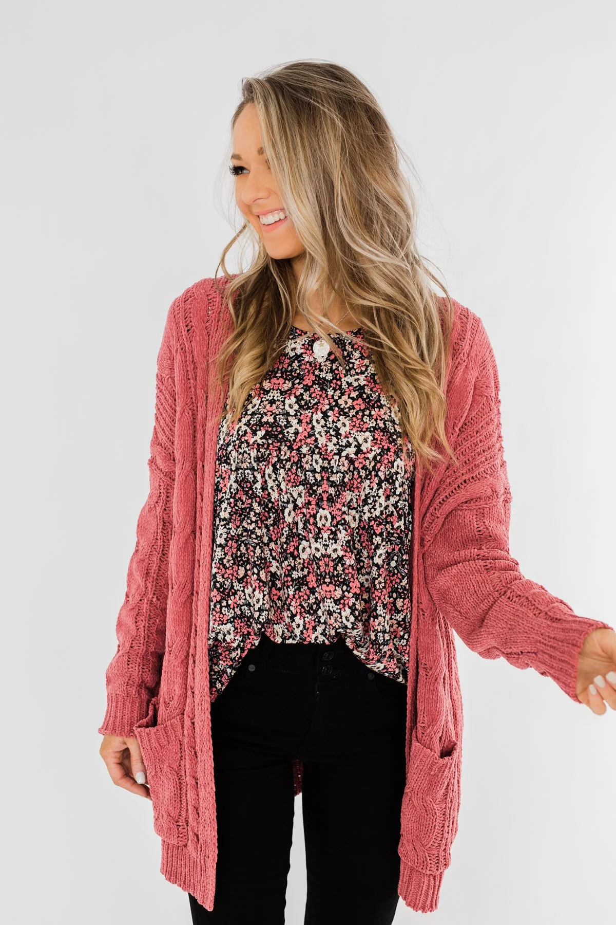 Warm & Cozy Chunky Cardigan- Deep Mauve Pink - Image 3