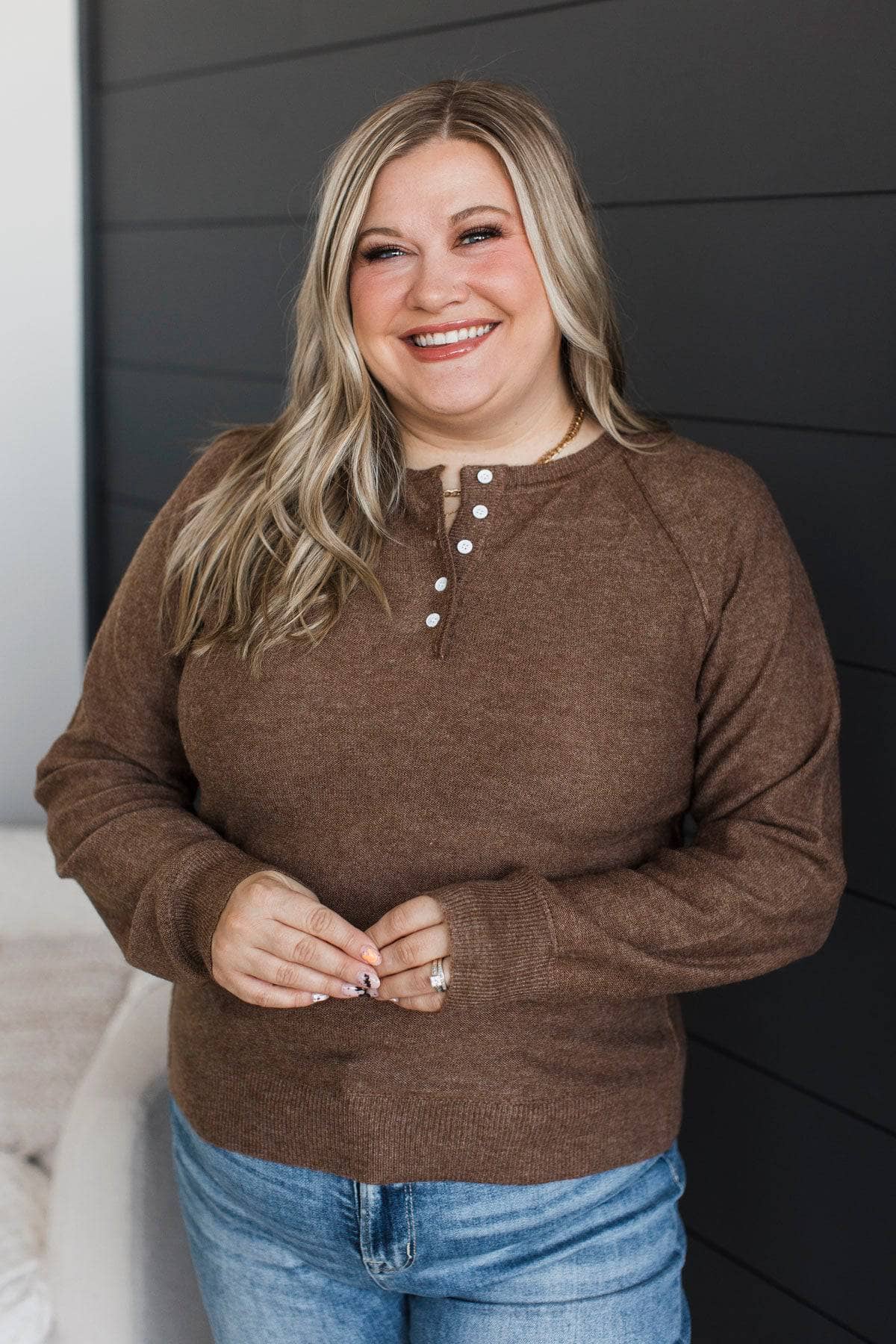 Warm Hearts Knit Henley Top- Brown - Image 2