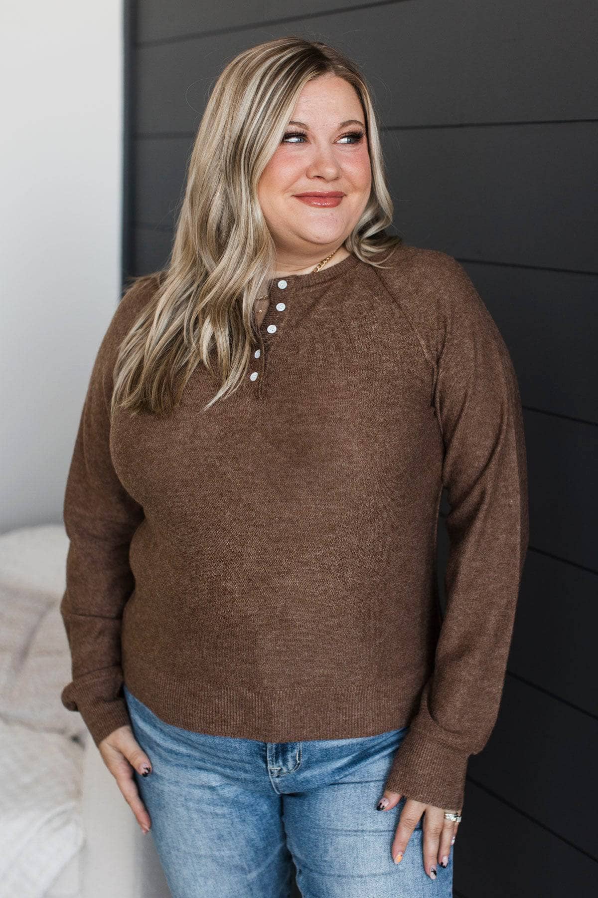 Warm Hearts Knit Henley Top- Brown - Image 4
