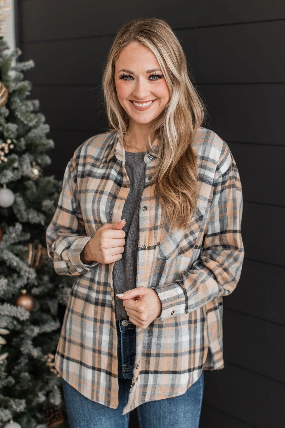 Warm In Winter Plaid Jacket- Taupe & Grey - Image 3