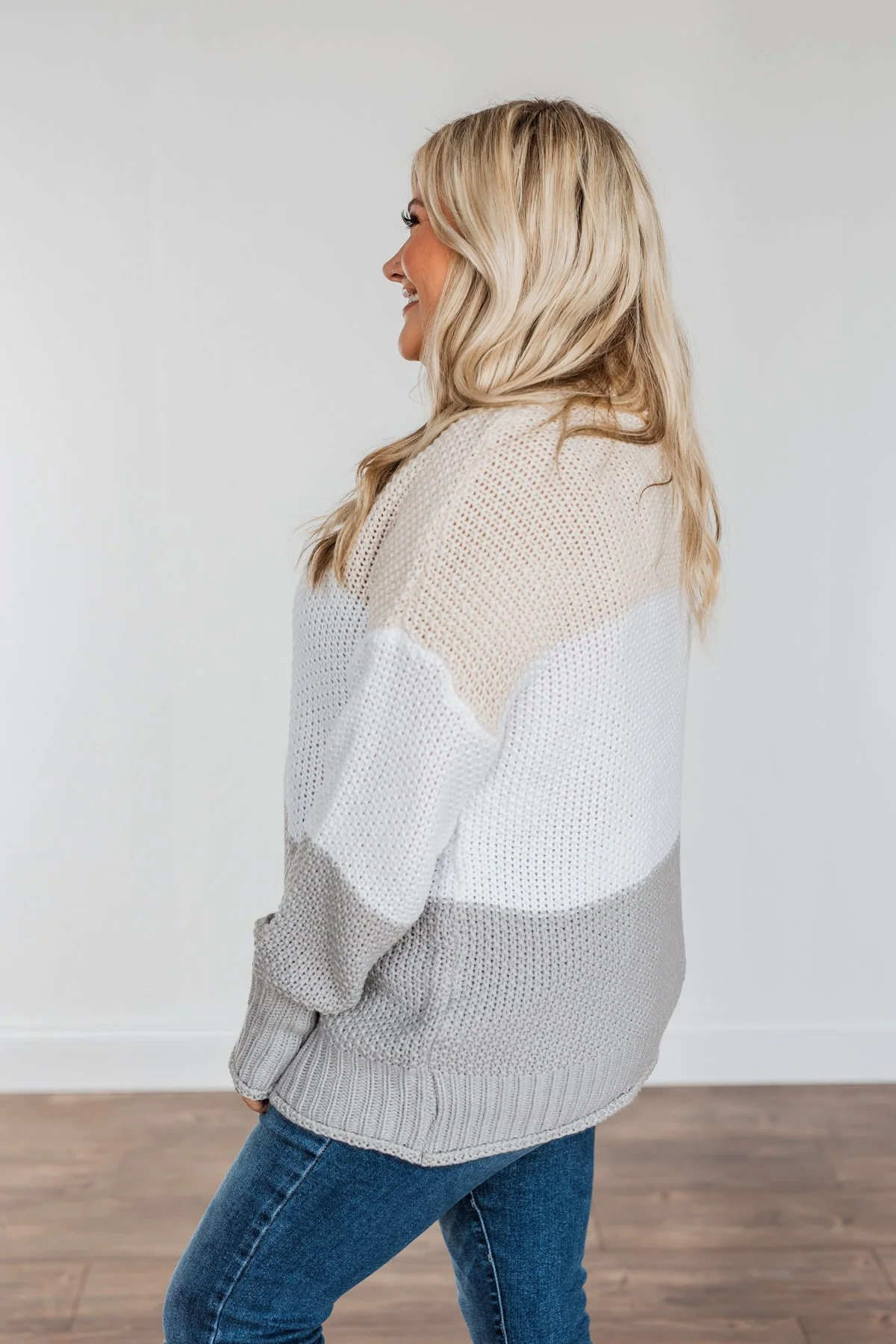 Warm & Toasty Color Block Knit Sweater- Beige & Grey - Image 11