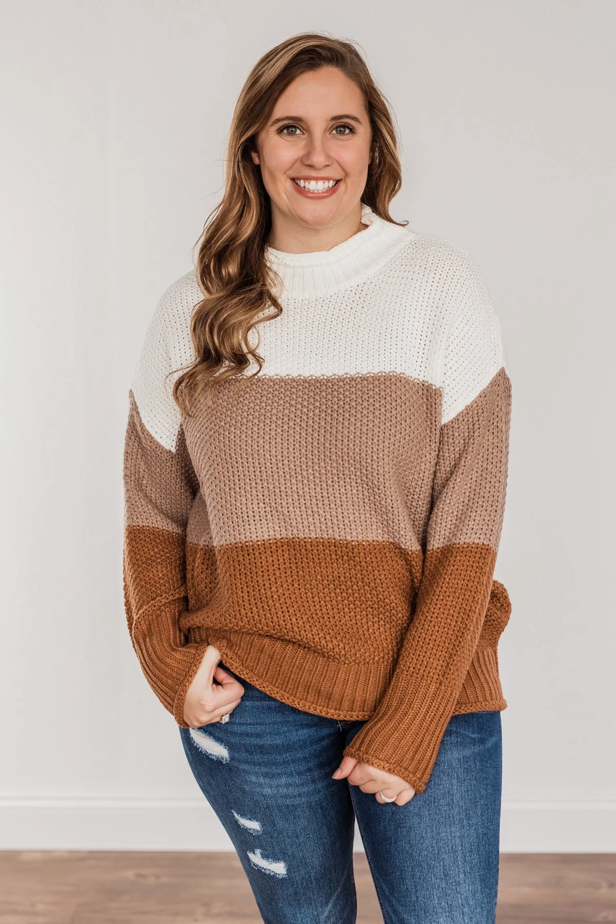 Warm & Toasty Color Block Knit Sweater- Mocha & Rust - Image 2