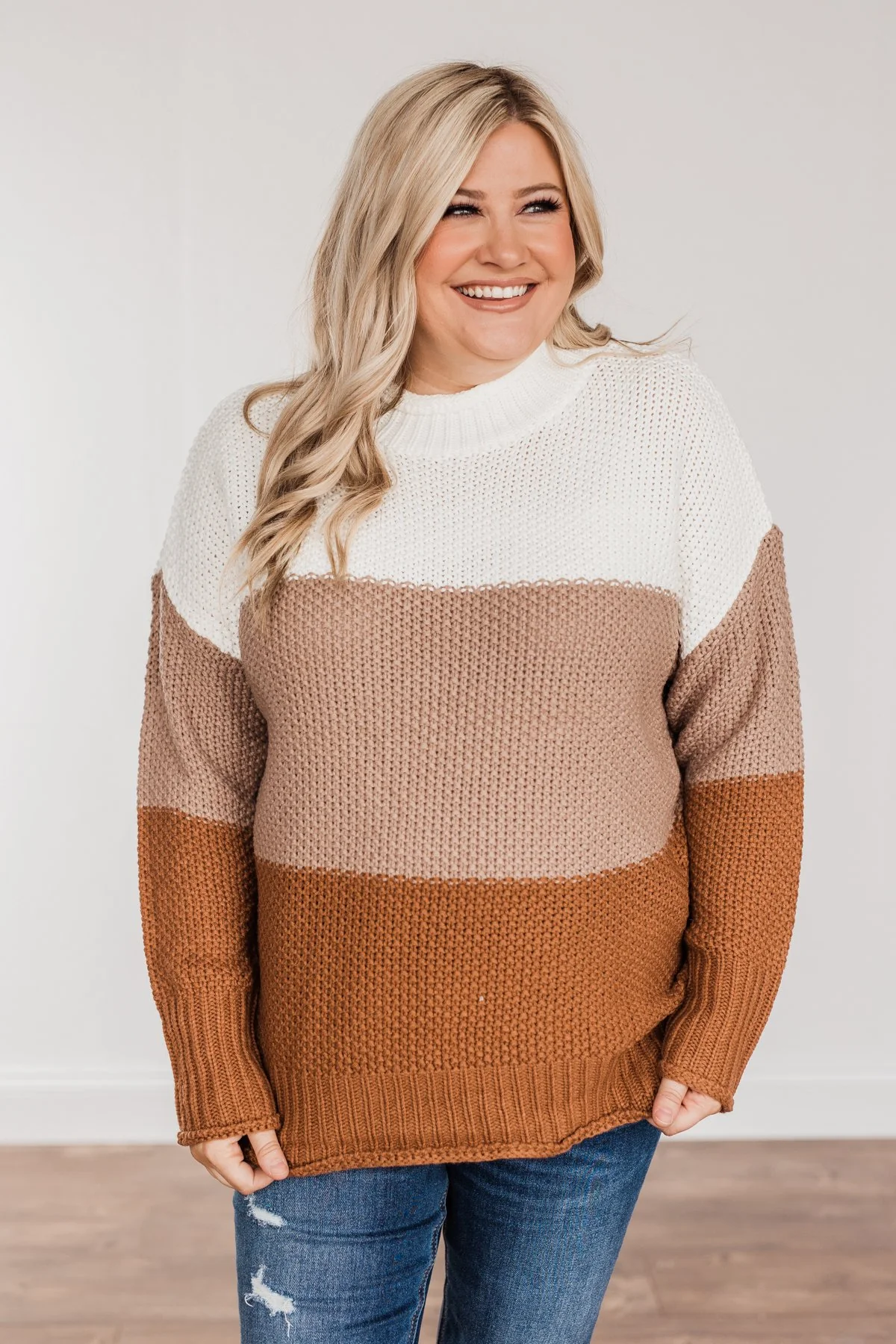 Warm & Toasty Color Block Knit Sweater- Mocha & Rust - Image 3