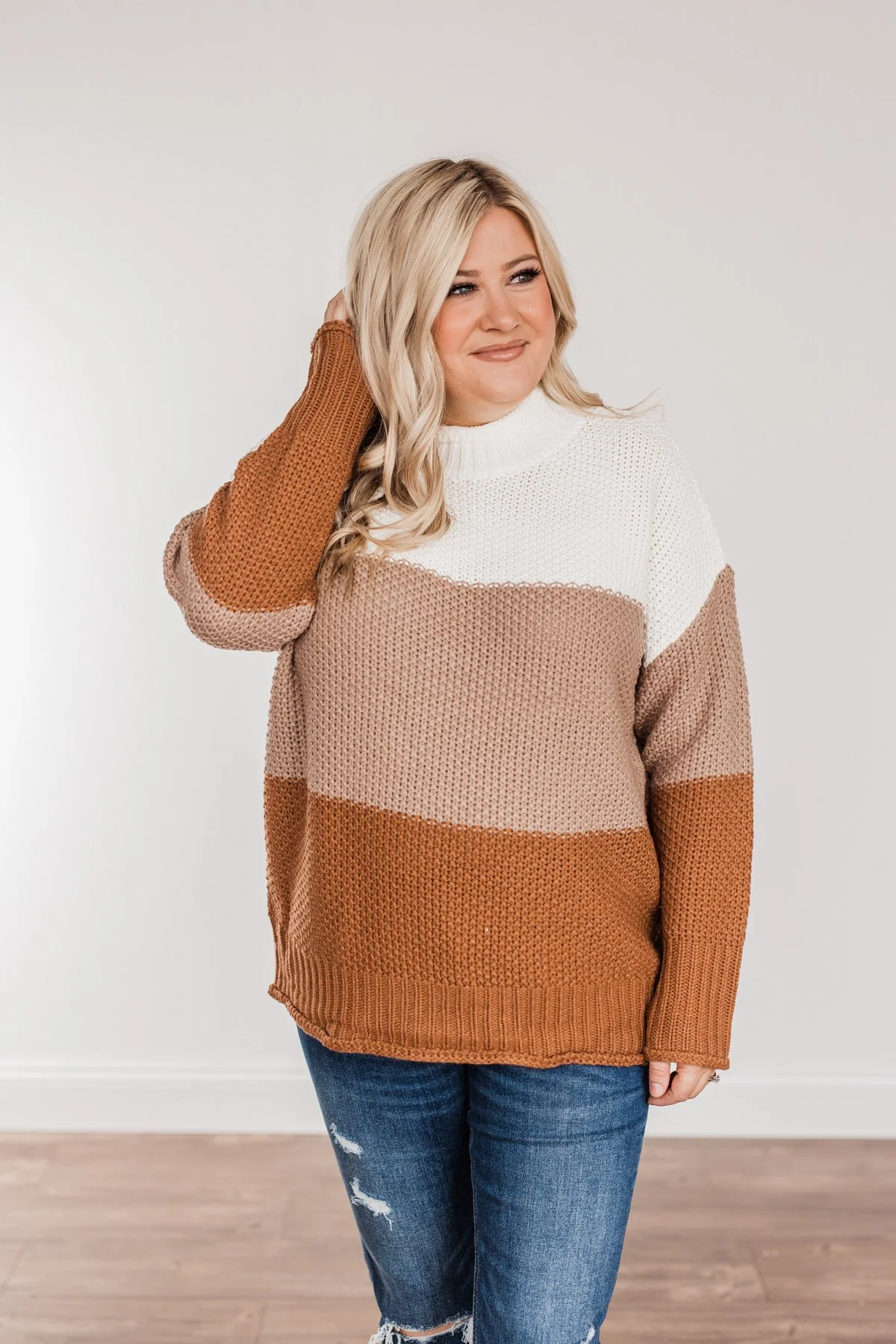 Warm & Toasty Color Block Knit Sweater- Mocha & Rust - Image 6
