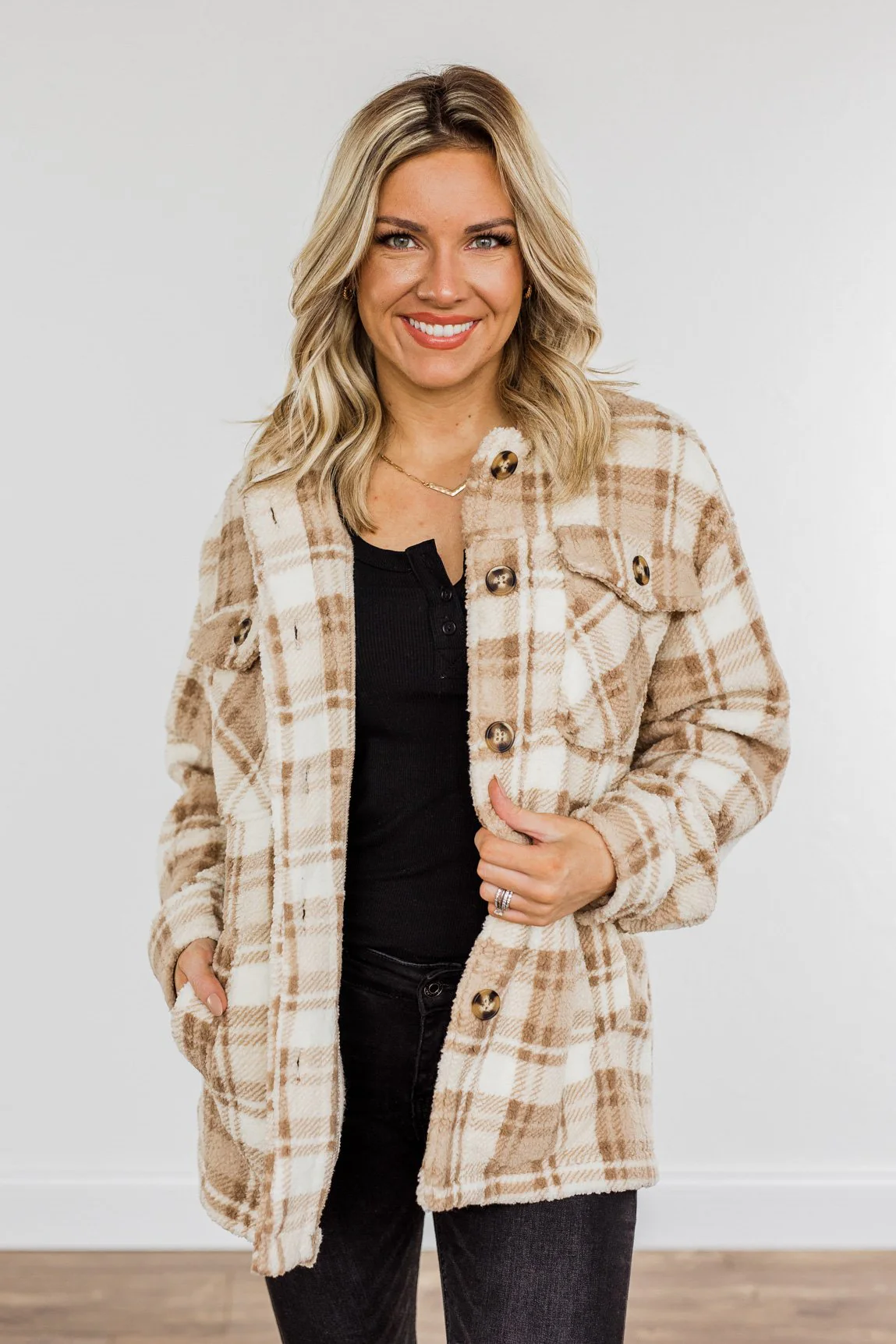 Warm Winter Wishes Plaid Sherpa Jacket- Khaki - Image 4
