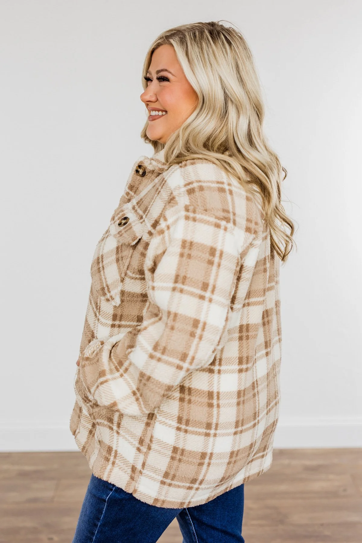 Warm Winter Wishes Plaid Sherpa Jacket- Khaki - Image 7