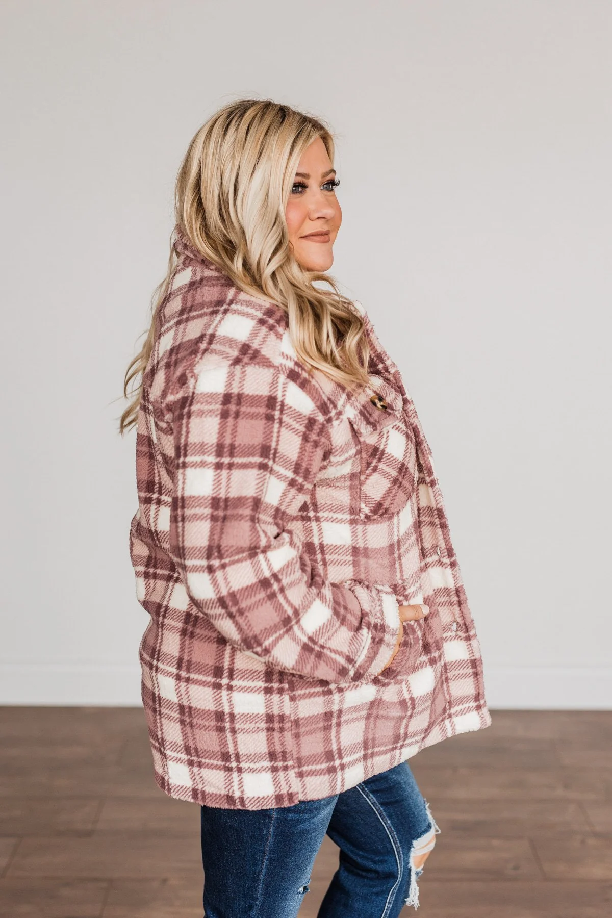 Warm Winter Wishes Plaid Sherpa Jacket- Mauve - Image 10
