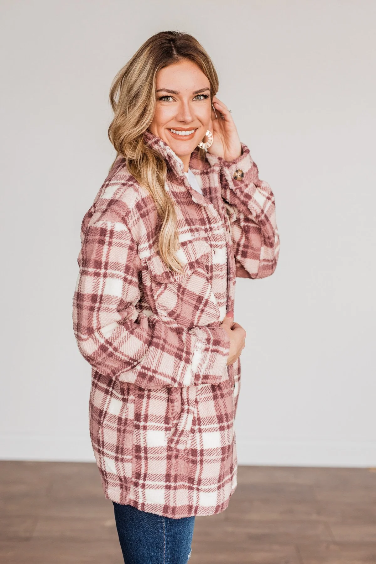 Warm Winter Wishes Plaid Sherpa Jacket- Mauve - Image 12