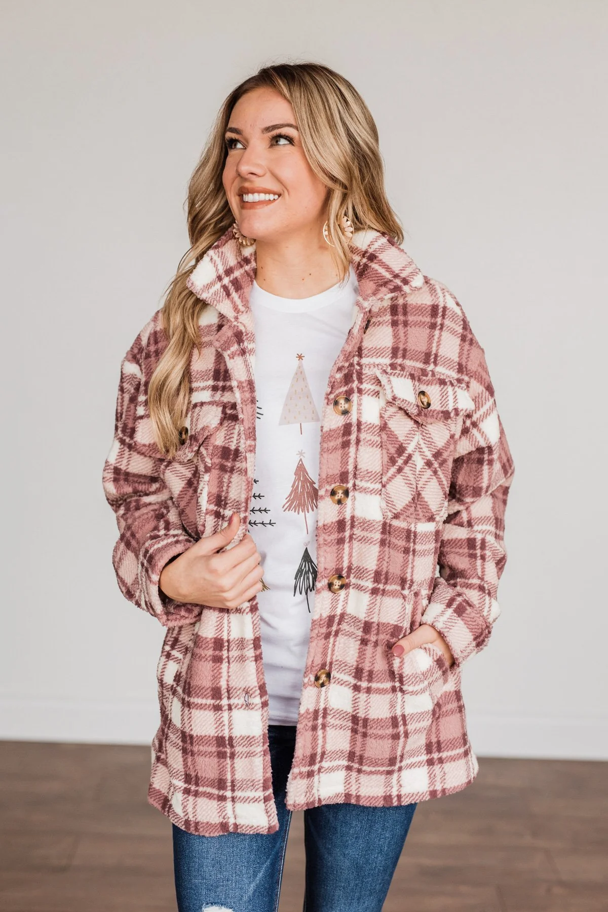 Warm Winter Wishes Plaid Sherpa Jacket- Mauve - Image 3