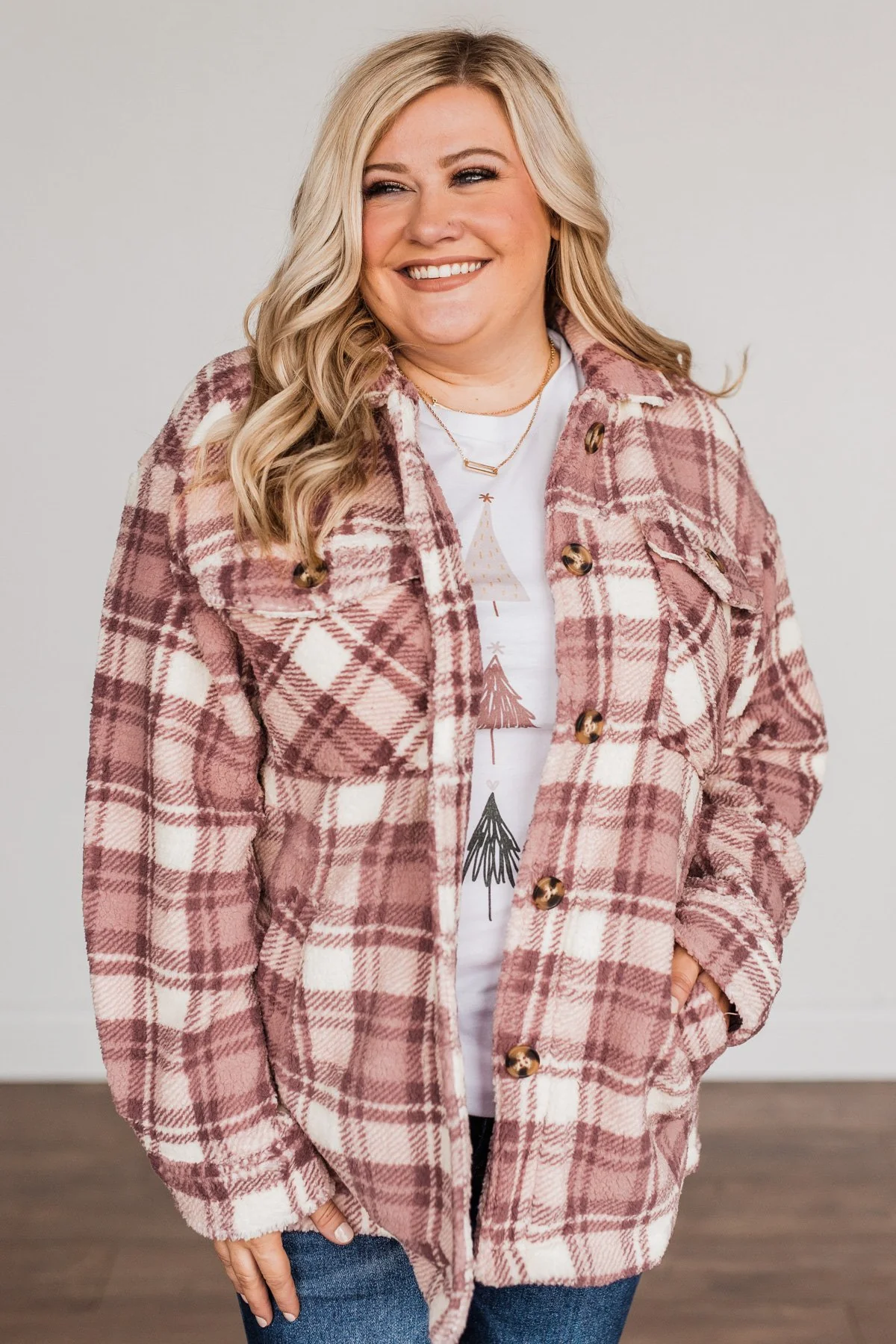 Warm Winter Wishes Plaid Sherpa Jacket- Mauve - Image 4
