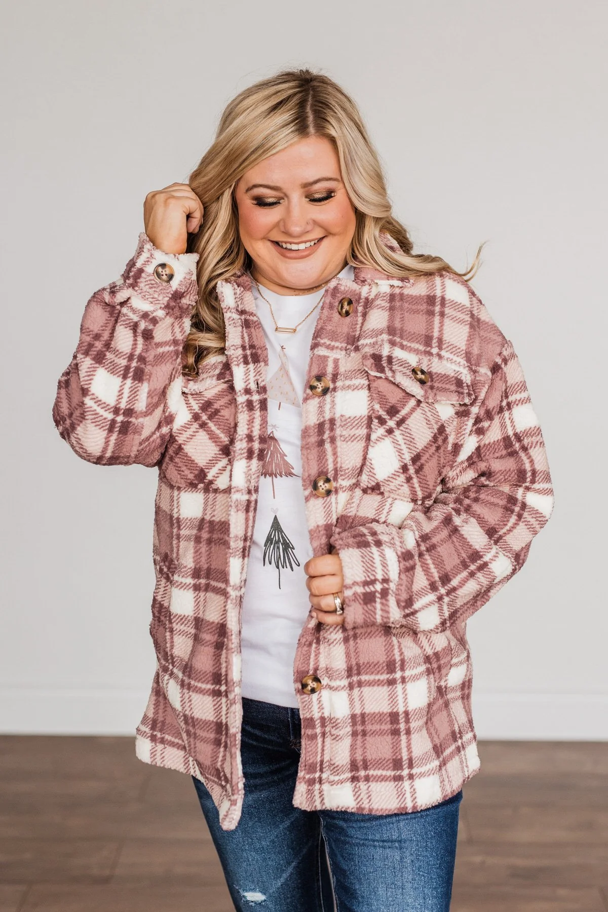Warm Winter Wishes Plaid Sherpa Jacket- Mauve - Image 7