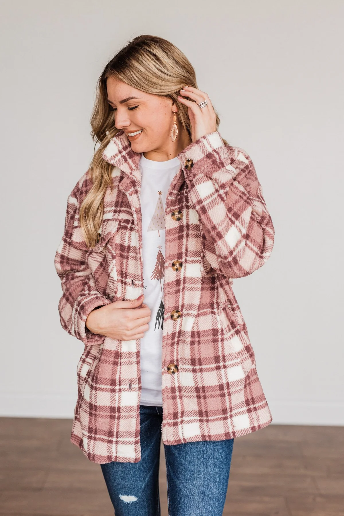 Warm Winter Wishes Plaid Sherpa Jacket- Mauve - Image 9