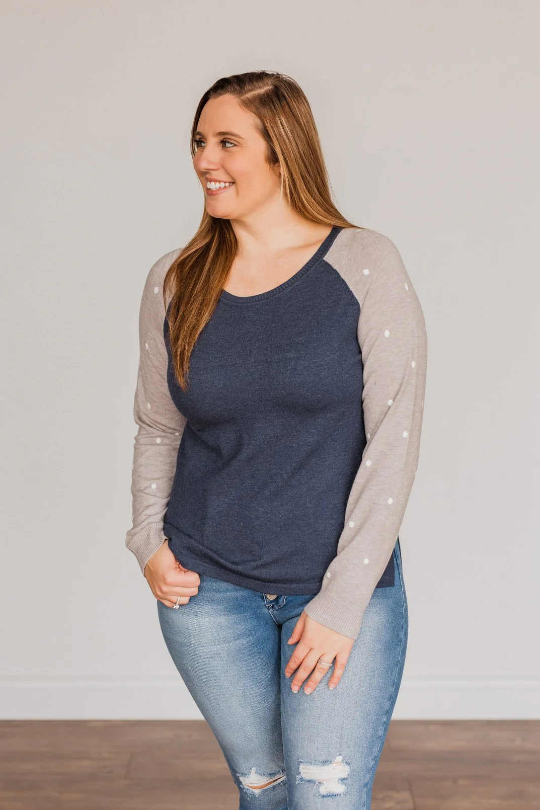 Warm Wishes Lightweight Knit Sweater- Grey & Navy - Image 4