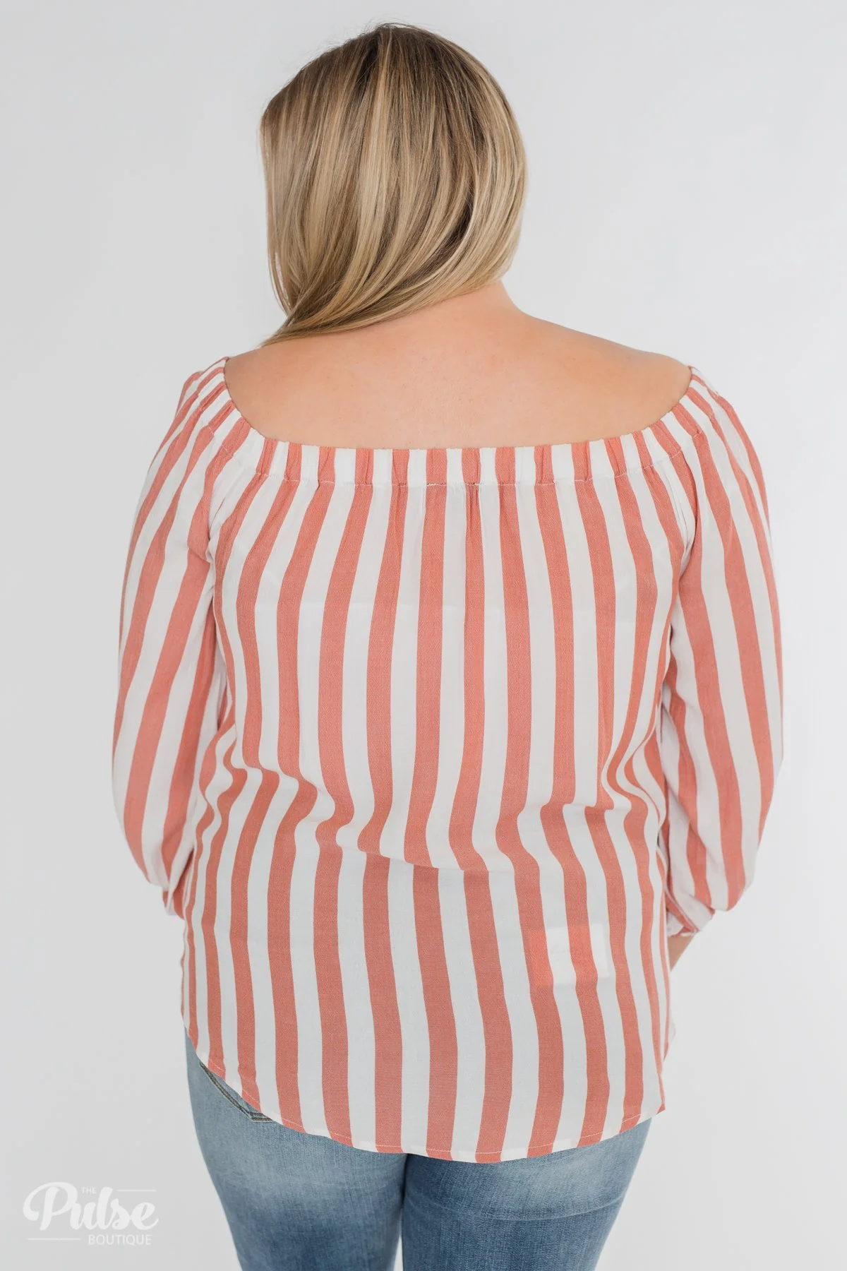 Warmer Weather Off The Shoulder Striped Top- Light Salmon - Image 14