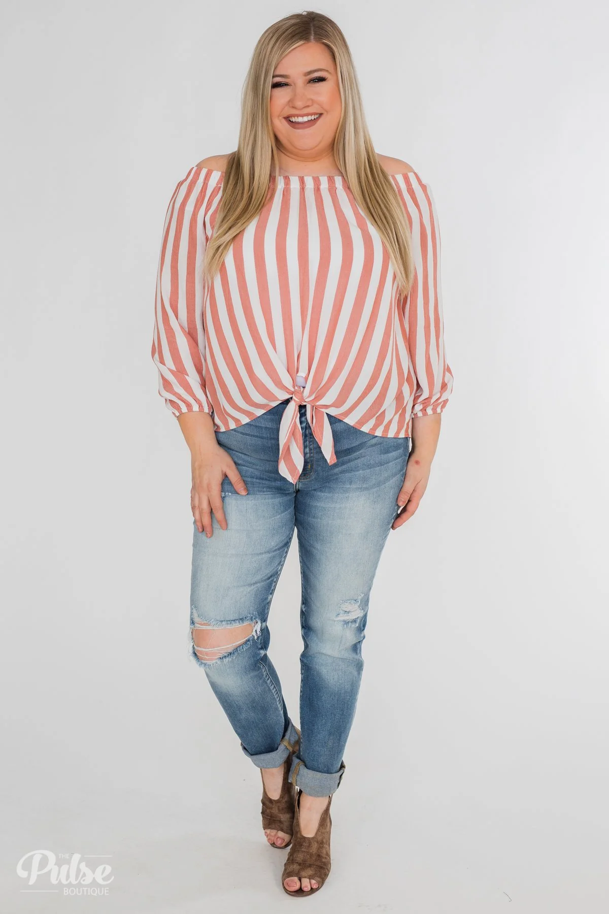 Warmer Weather Off The Shoulder Striped Top- Light Salmon - Image 6