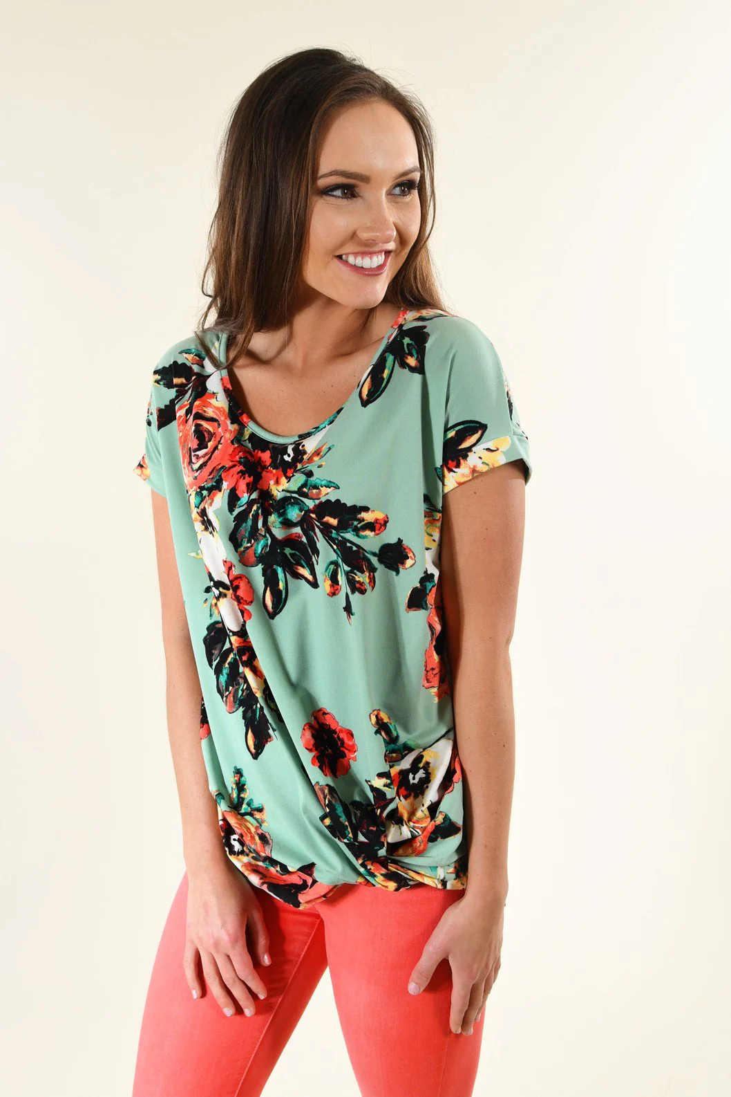 Watercolor Floral Knot Top ~ Mint