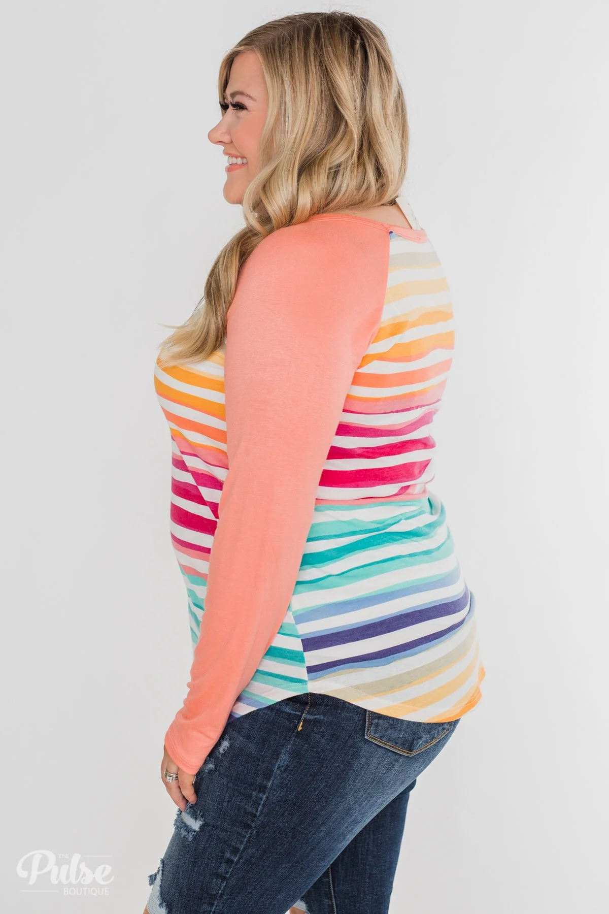Waves of Color Striped Color Block Top- Peach - Image 13