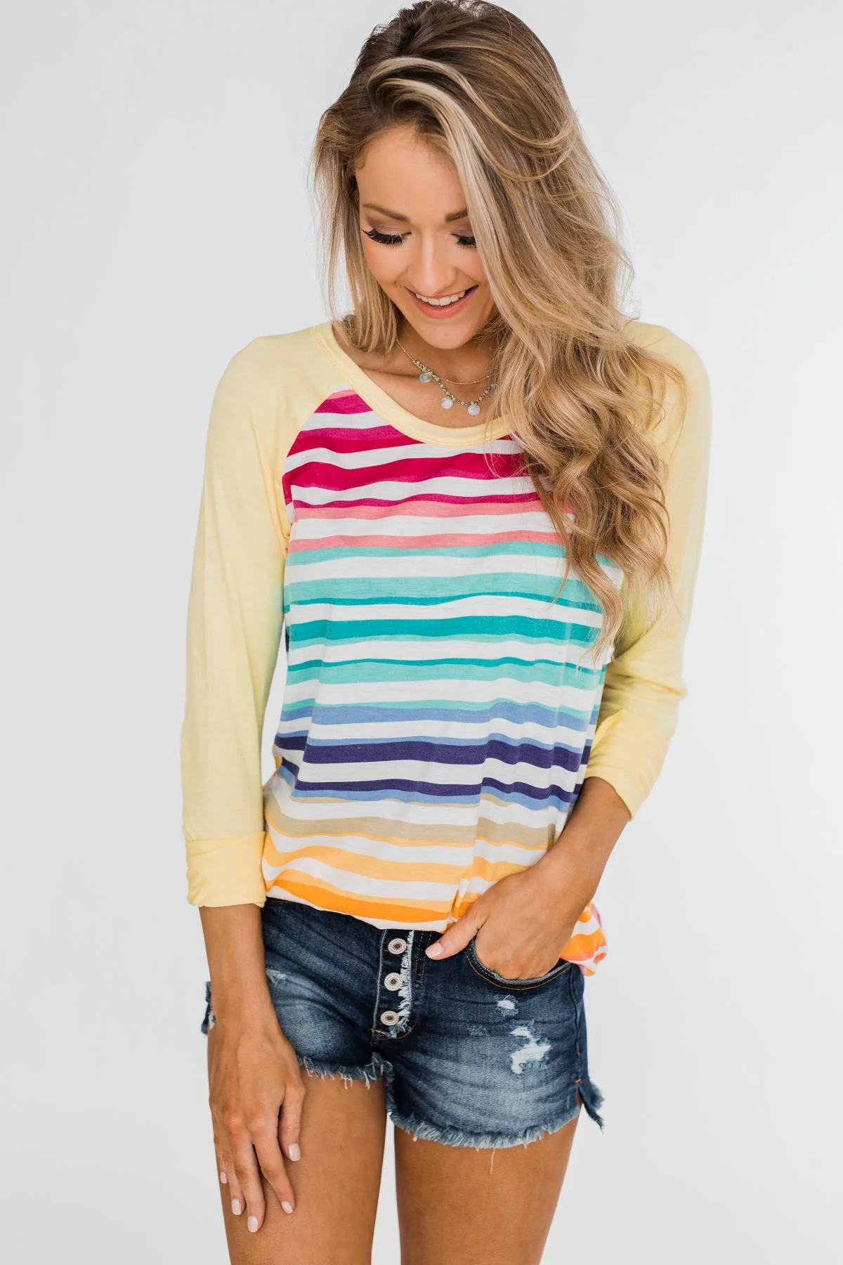 Waves of Color Striped Color Block Top- Yellow - Image 2