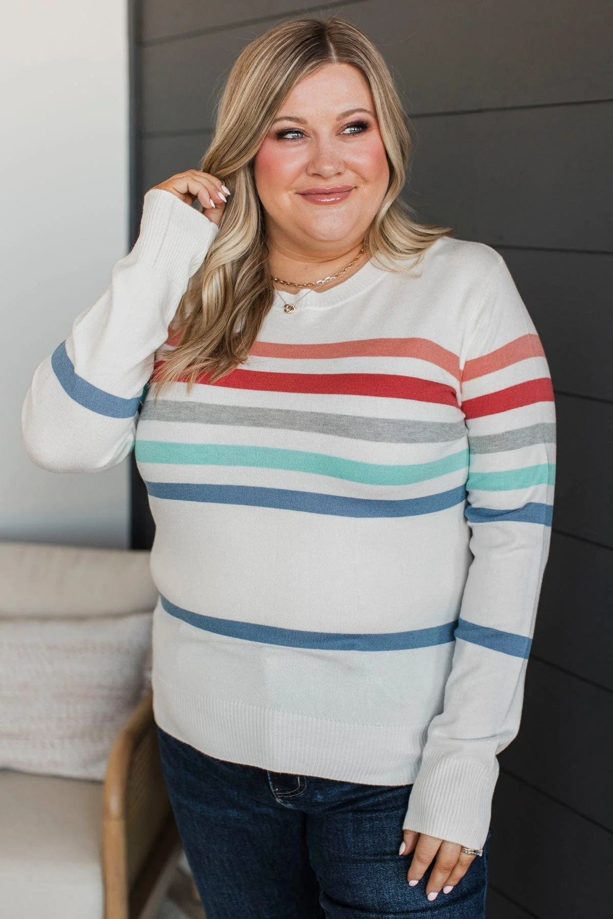 Way Back When Striped Sweater- Ivory, Coral, & Jade