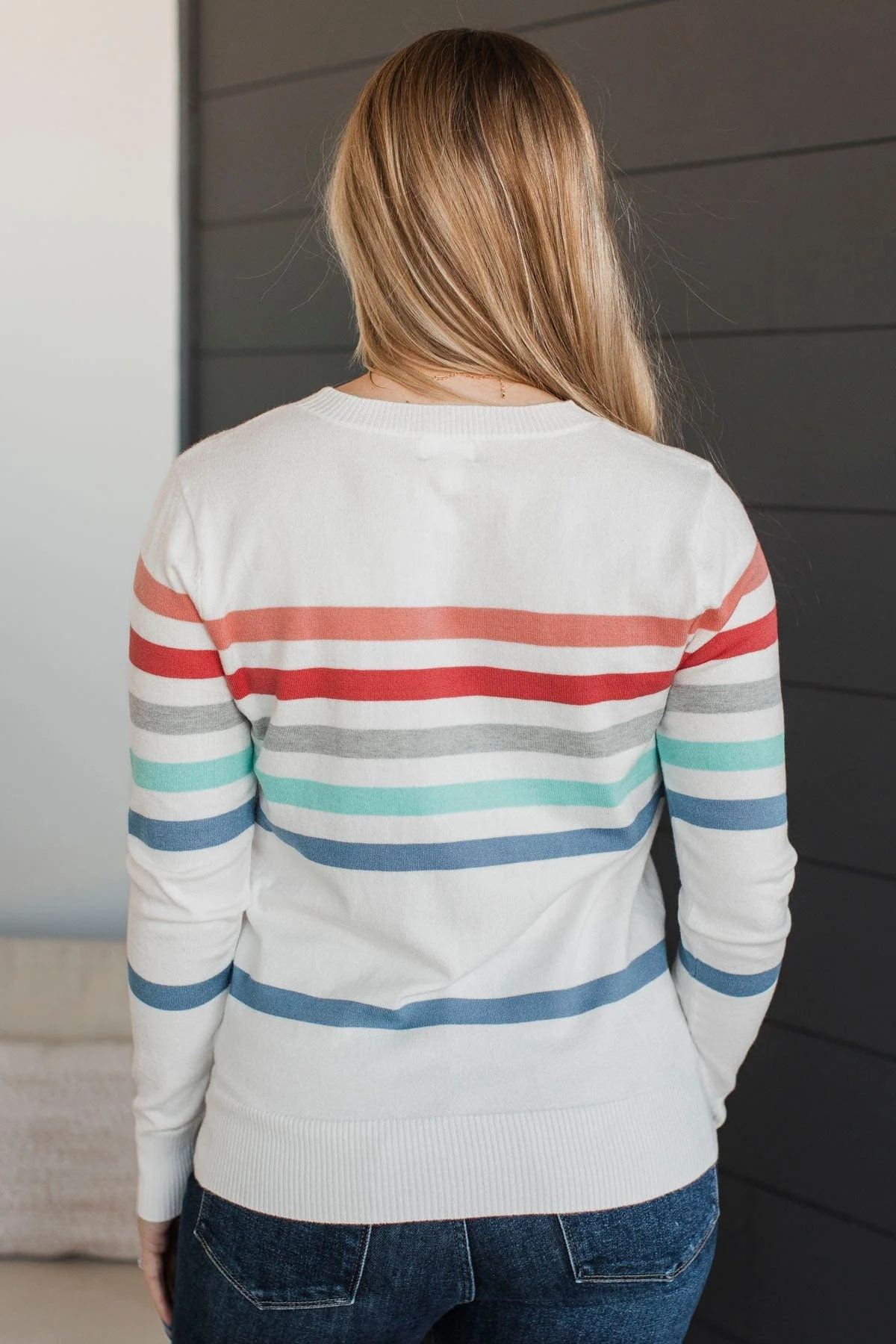 Way Back When Striped Sweater- Ivory, Coral, & Jade - Image 8