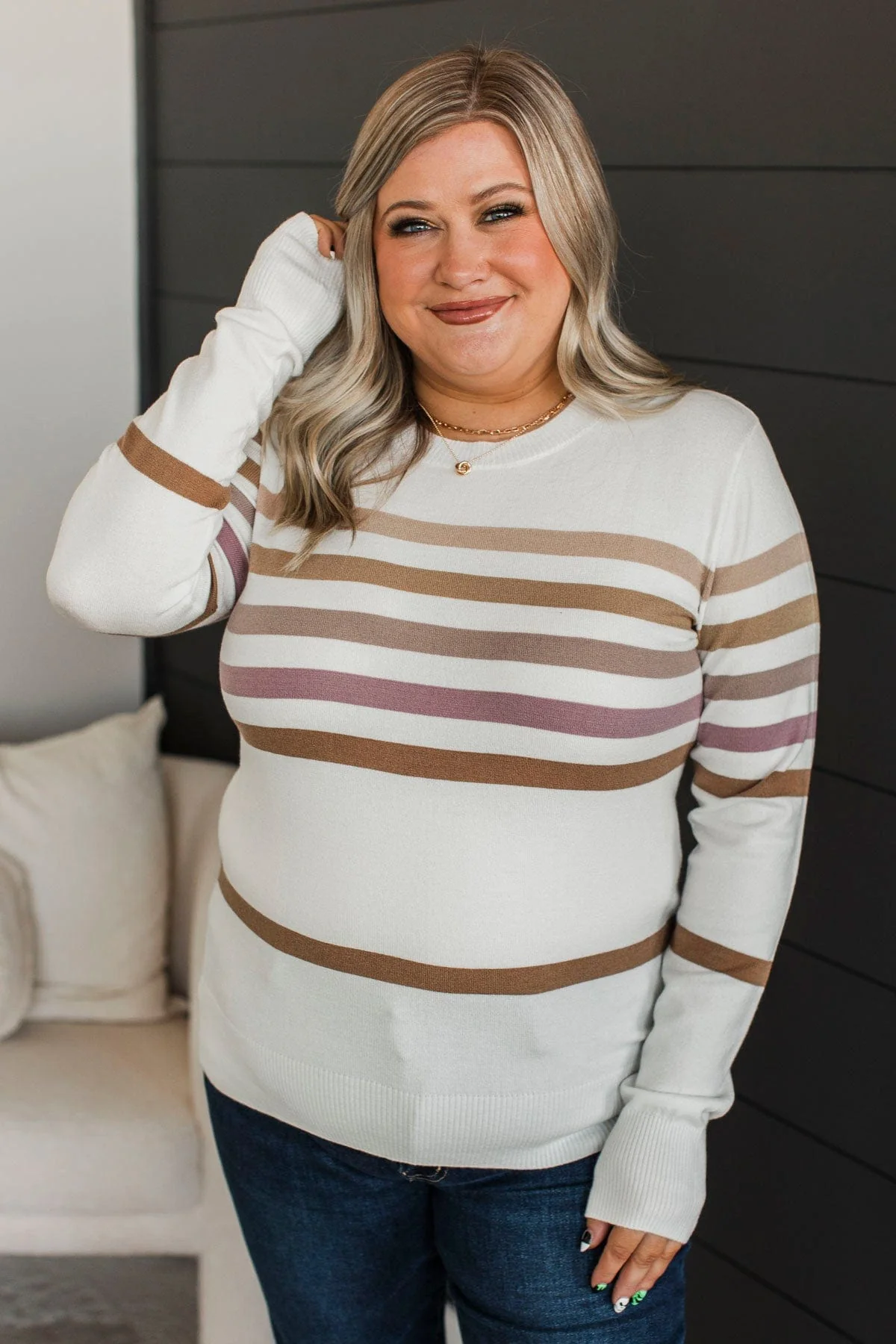 Way Back When Striped Sweater- Ivory & Taupe - Image 4
