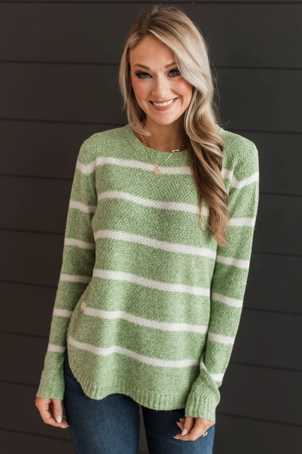 Way Of Life Striped Knit Sweater- Green & Ivory - Image 3